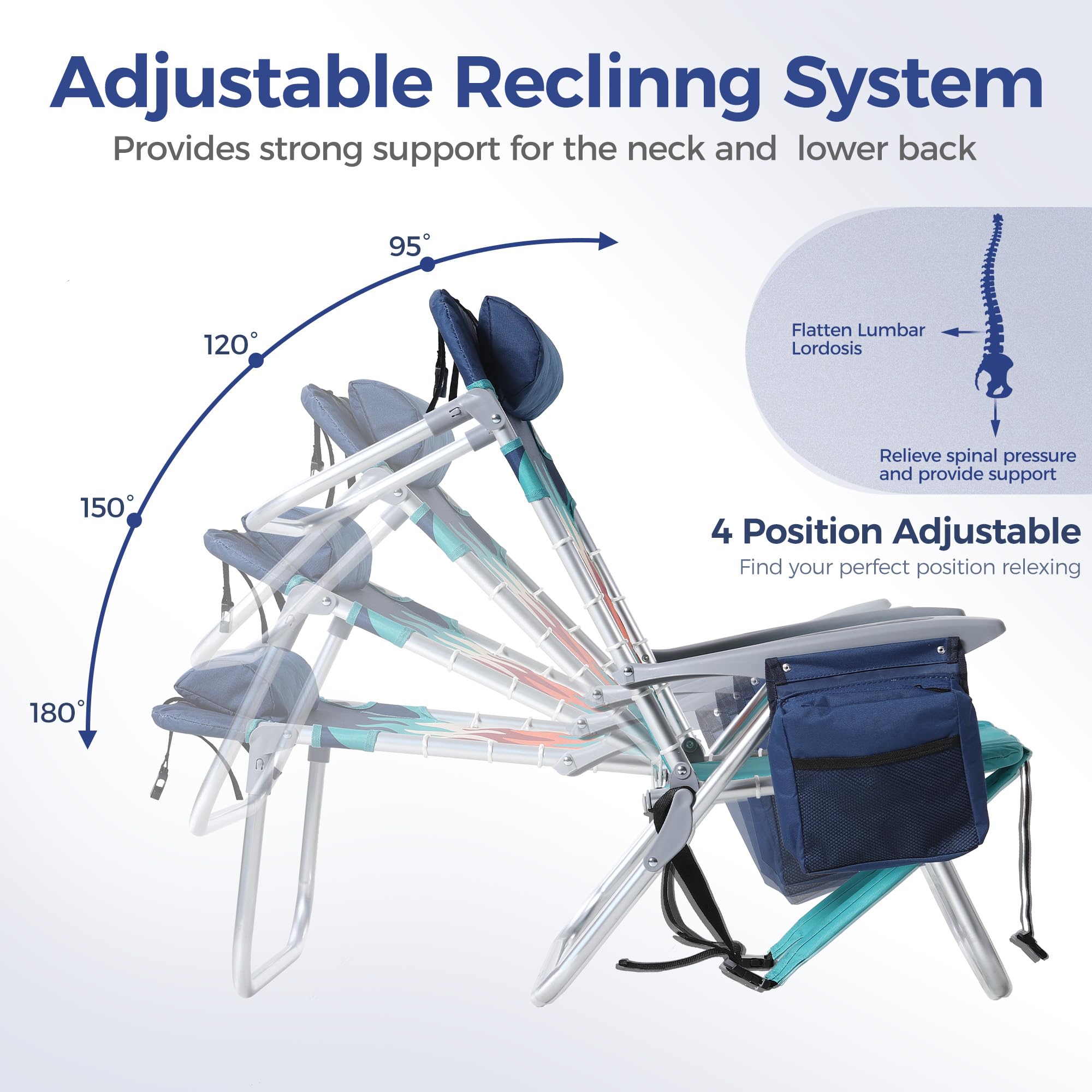 ALPHA CAMP 2-Pack Beach Chairs with Cooler Bag - 4-Position Adjustable Folding Lounge Chairs with Backpack Straps, Supports 250LBS - Portable for Beach, Camping, Poolside & Outdoor Relaxation (Sky Blue)