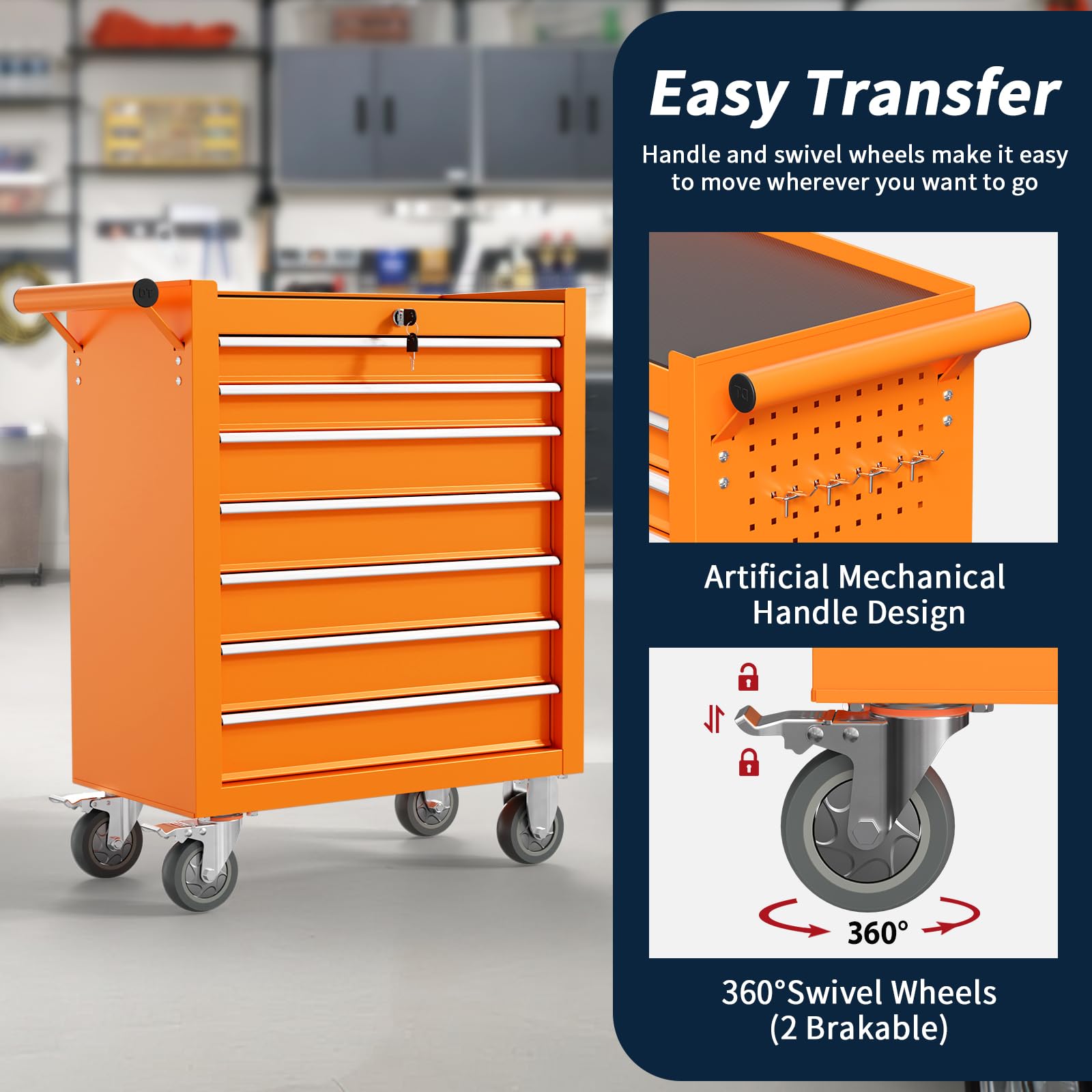 7-Drawer Rolling Tool Chest with Wheels - Heavy Duty Portable Tool Organizer for Garage, Workshop, Warehouse & Repair Shop - Orange Storage Cabinet (Perfect for Mechanics, DIY Projects & Professional Tool Organization)
