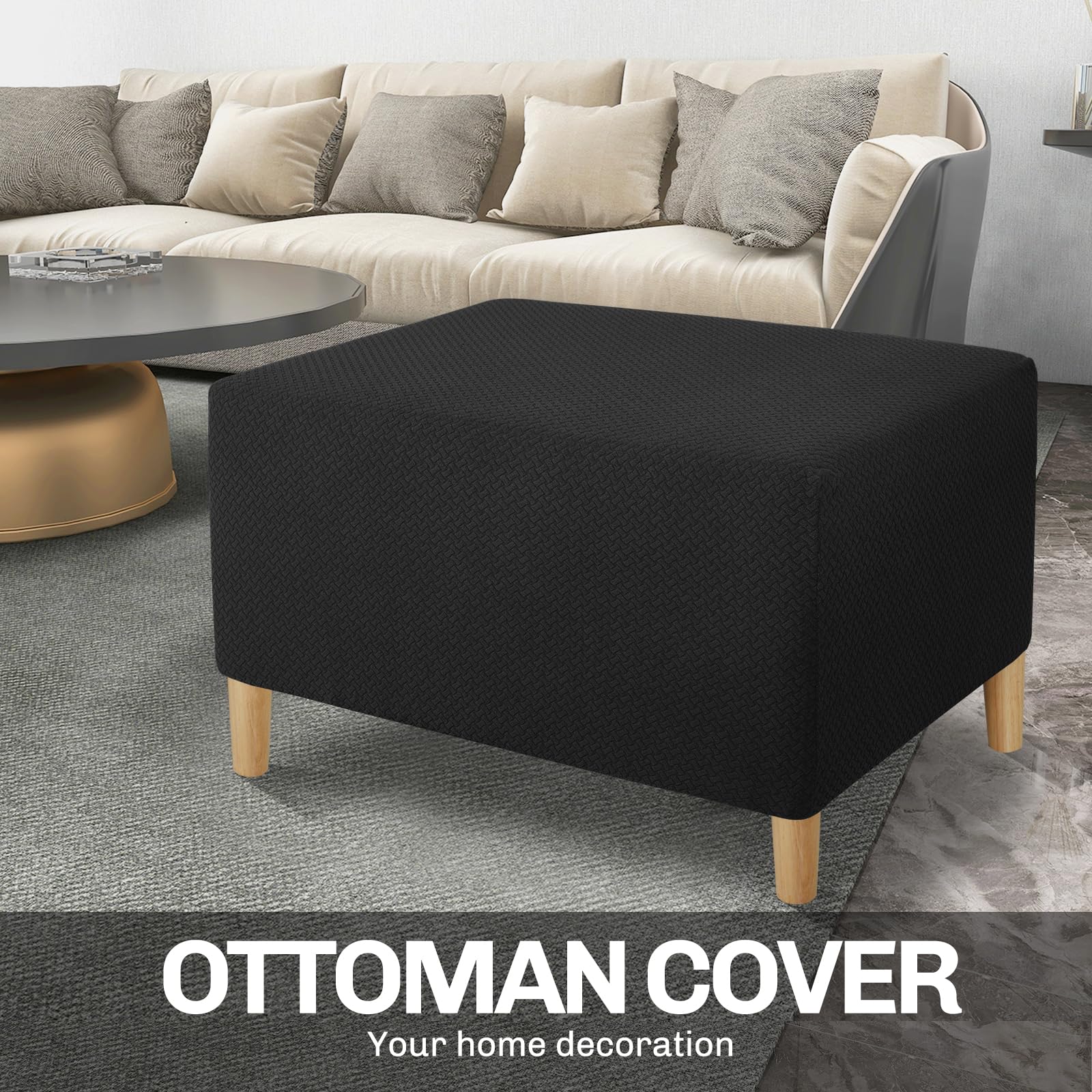 JIVINER Rectangle Stretch Ottoman Slipcover - Soft Furniture Protector with Elastic Bottom for Folding Storage Footstool (Large, Black) | Perfect for Living Room, Bedroom & Home Decor