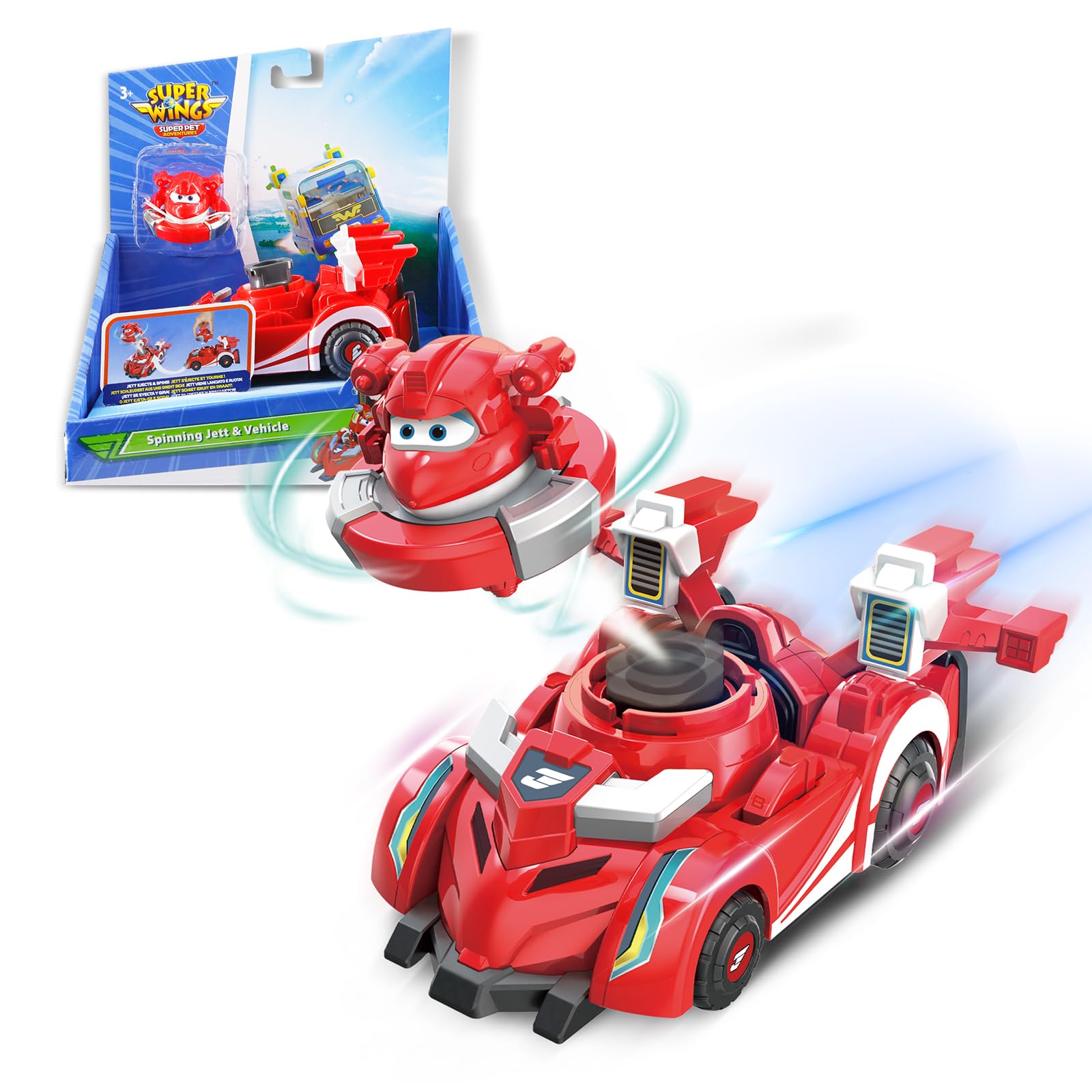 Super Wings Jett Spinning Top & Race Car Toy Set - 2-in-1 Transformable Vehicle Playset for Kids Ages 3-8 | STEM Learning Toy for Boys & Girls | Birthday Gift & Outdoor Play Fun