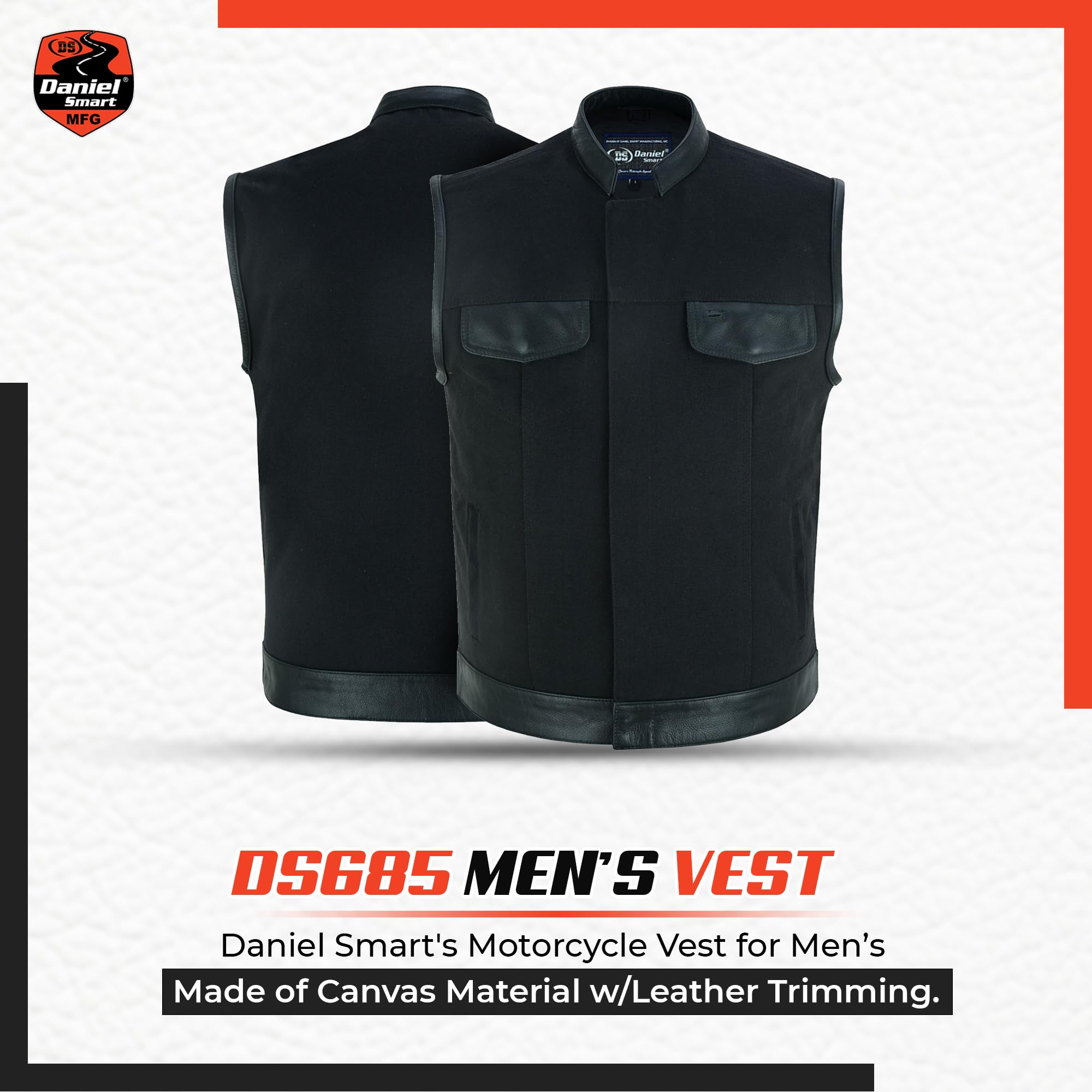 Daniel Smart Men’s Canvas Motorcycle Vest with Leather Detailing & Concealment Armory Pocket - Stylish Biker Jacket for Riding, Outdoor Adventures & Casual Wear
