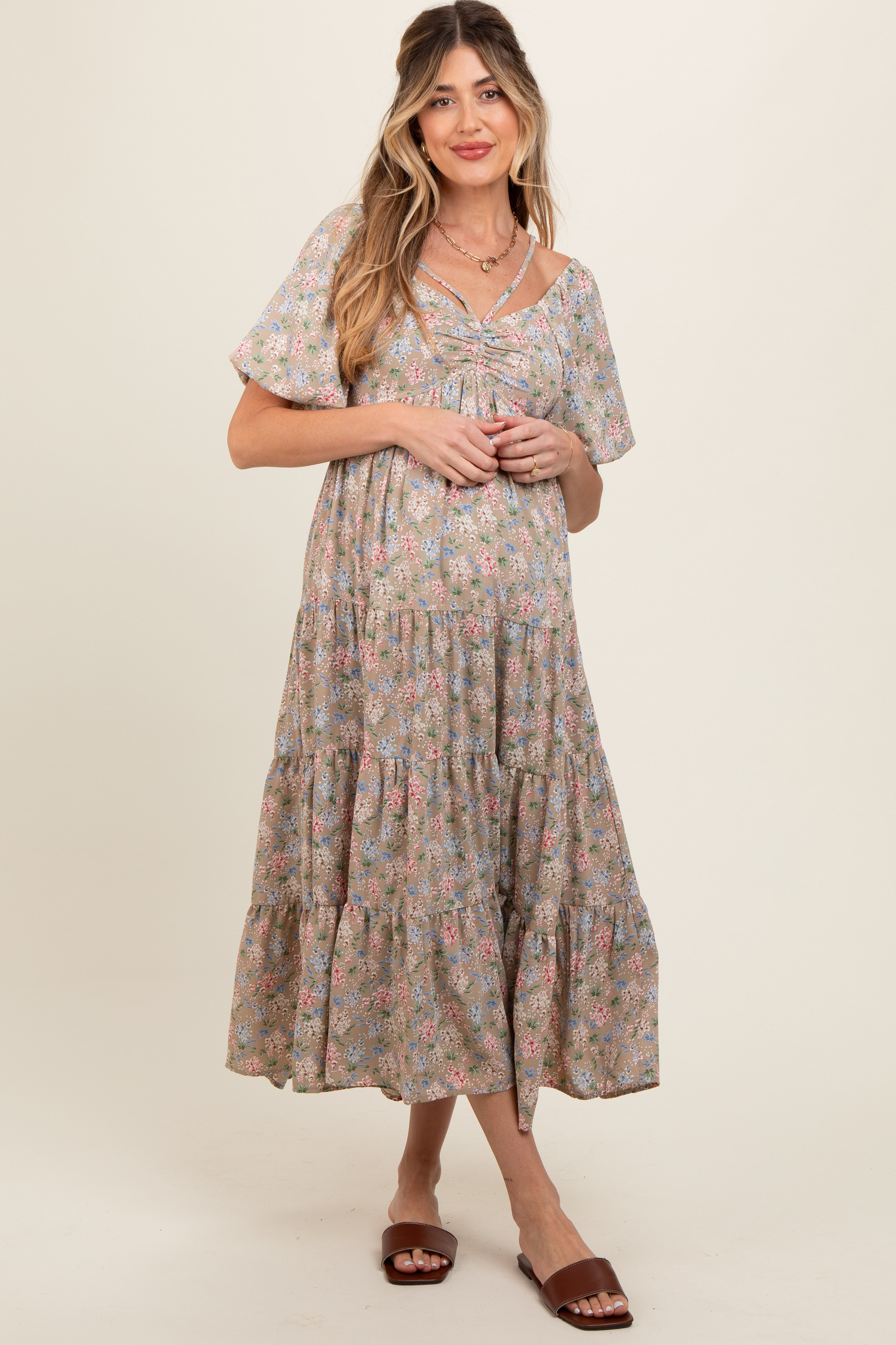 Beige Floral Ruched Strappy V-Neck Maternity Dress with Puff Short Sleeves - Perfect for Baby Showers, Maternity Photos & Summer Pregnancy Outfits