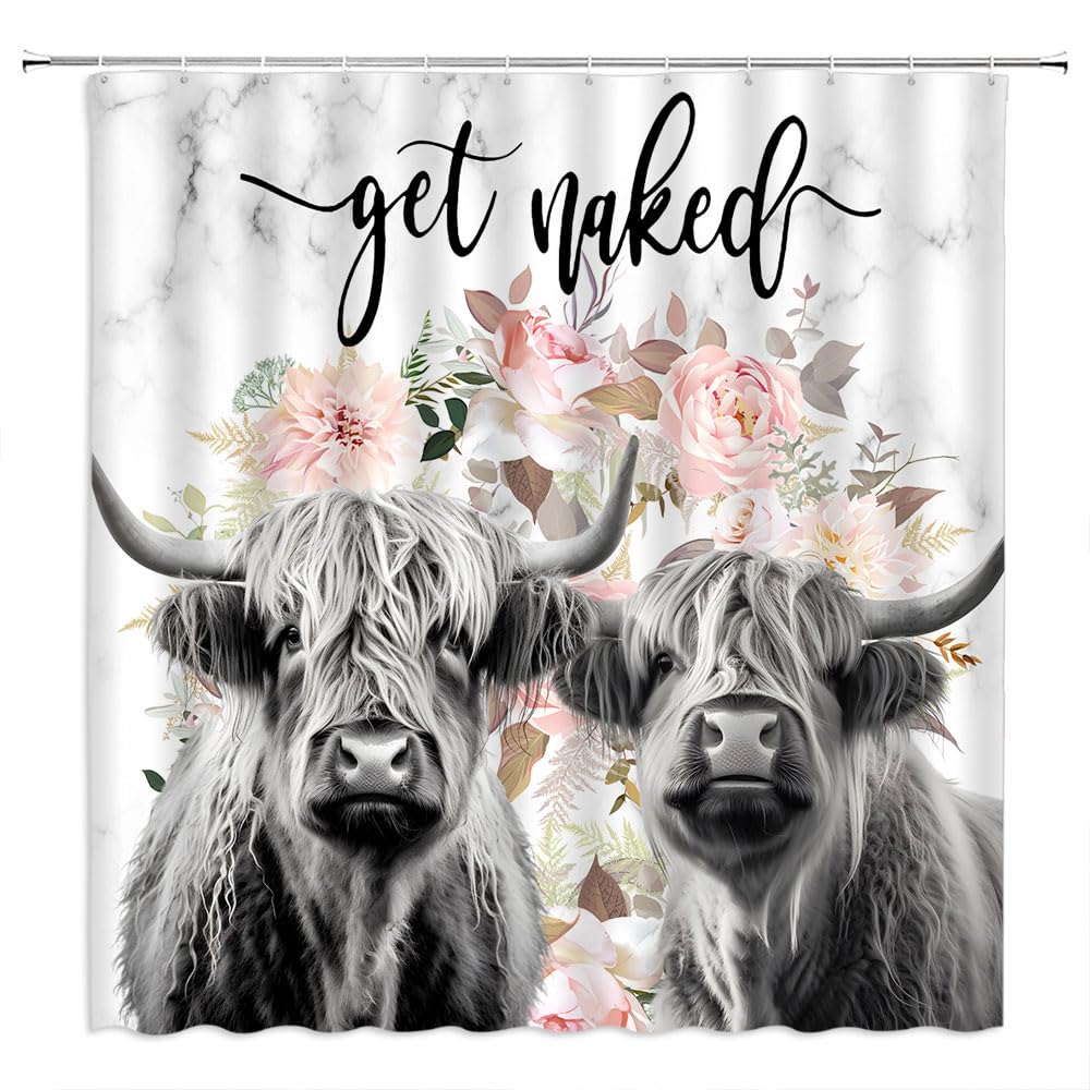 Funny Highland Cow Shower Curtain - Cute Bull Cattle Design with Pink Floral Farmhouse Pattern | 70x70 Inch Polyester Bathroom Set with Hooks | Perfect for Farmhouse, Country or Animal Lover Bathroom Decor