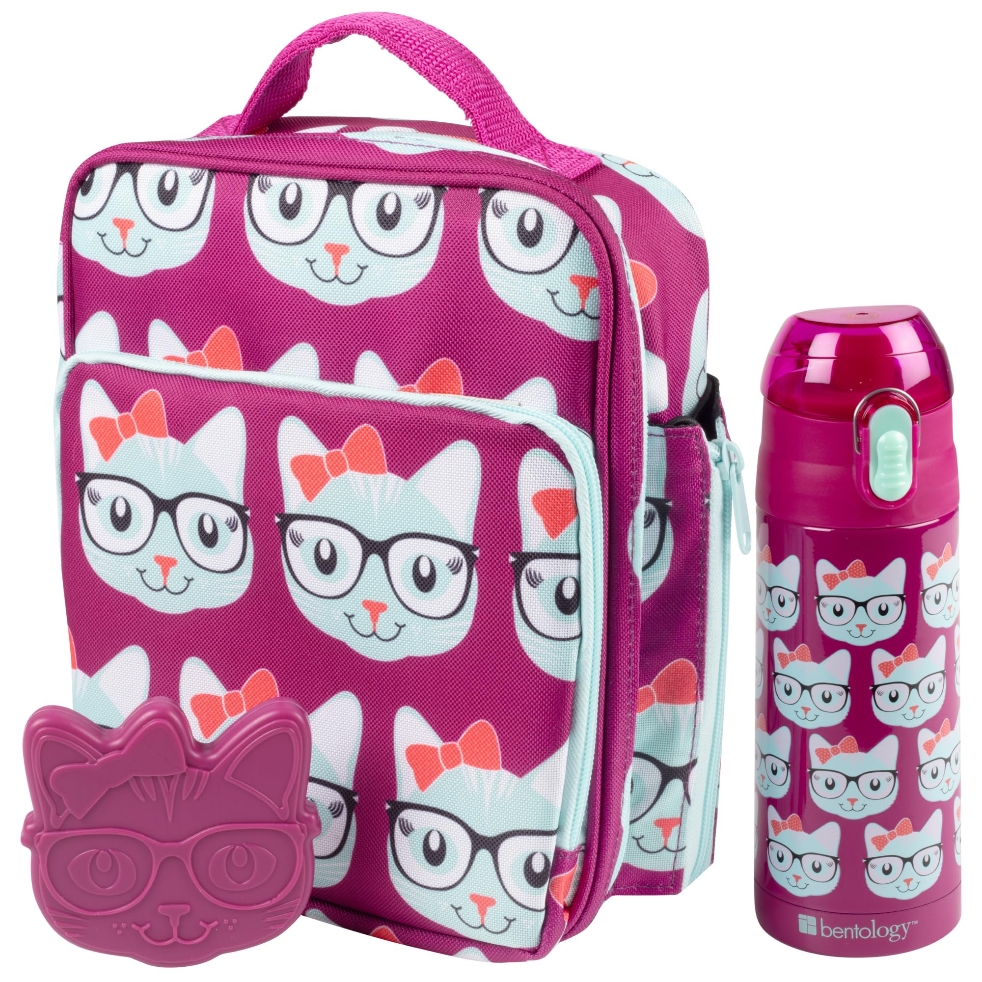 Bentology Insulated Kids Lunch Bag Set with Matching Reusable Water Bottle & Hard Ice Pack - Pink Blue Kitty Cat Design - Stainless Steel Thermos & Insulated Tote - Perfect for School, Picnics, and Outdoor Activities