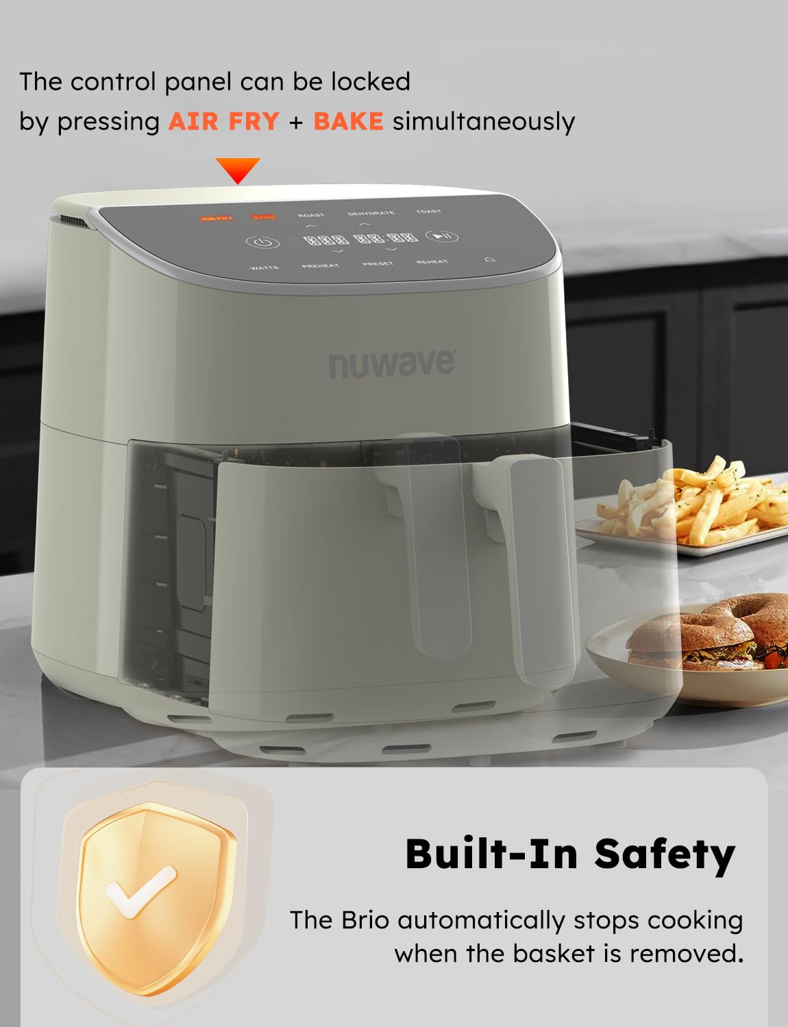 Nuwave Brio Plus 8 Qt Air Fryer - PFAS Free, Digital Touch Screen with Cool White Display, 50°F~400°F Temperature Range, 5 Cook Functions, 100 Presets & 50 Memory - Perfect for Healthy Frying, Baking, Roasting, Grilling & Reheating in Your Kitchen
