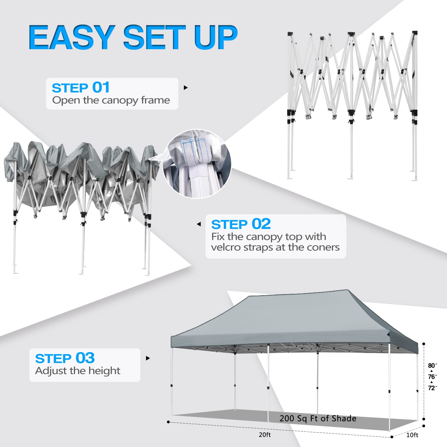 10x20 Pop Up Canopy Tent - Instant Shade Outdoor Shelter with Waterproof Adjustable Roof, Includes Roller Bag, 8 Stakes, 6 Sand Bags & 4 Ropes - Perfect for Beach Parties, Camping, Backyard BBQs and Outdoor Events