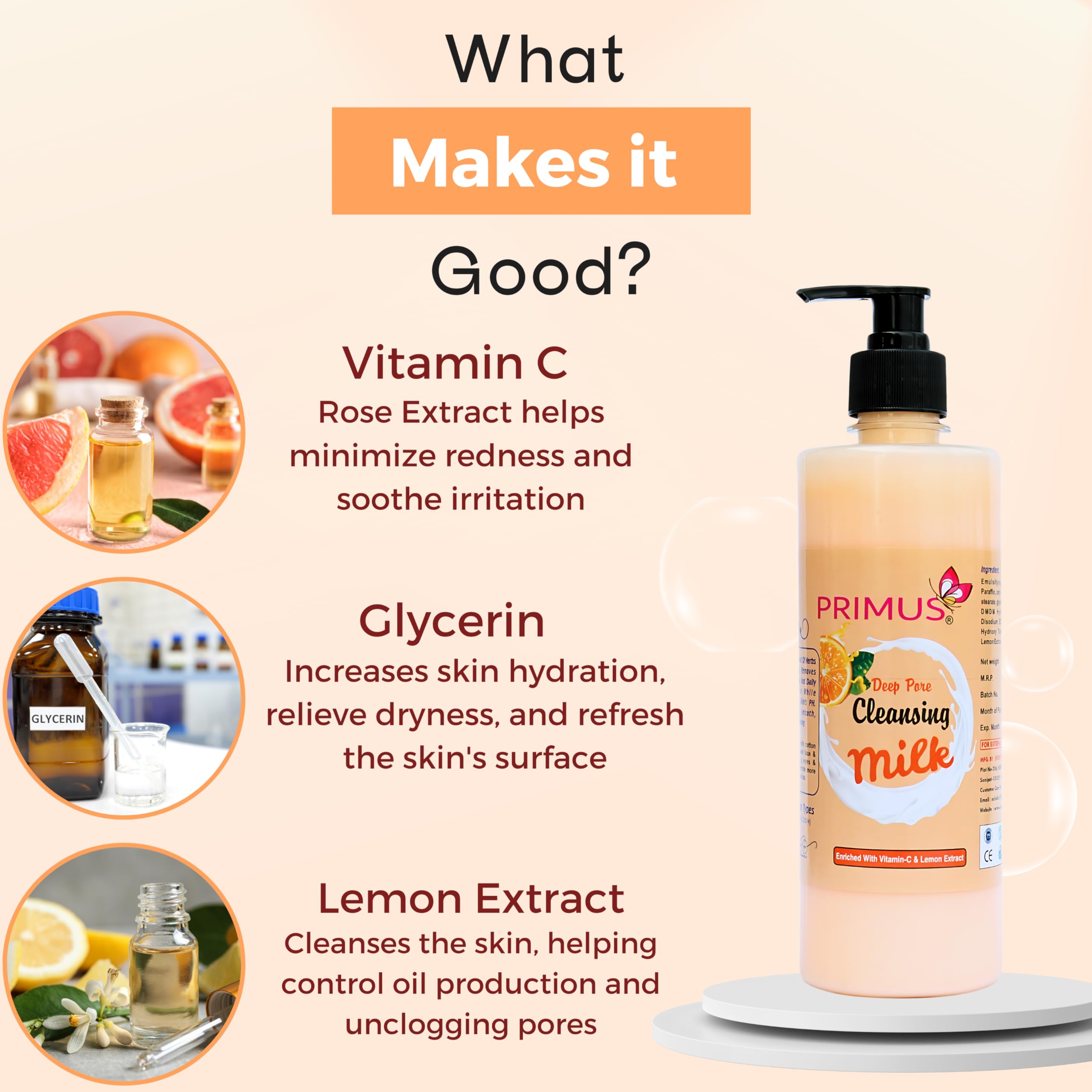 Primus Vitamin C Cleansing Milk with Vitamin C & Lemon Extracts - Ultra Clean & Refreshing Facial Cleanser | Gentle Makeup Remover for All Skin Types | 500ml | Perfect for Daily Skincare & Post-Makeup Cleansing Routine