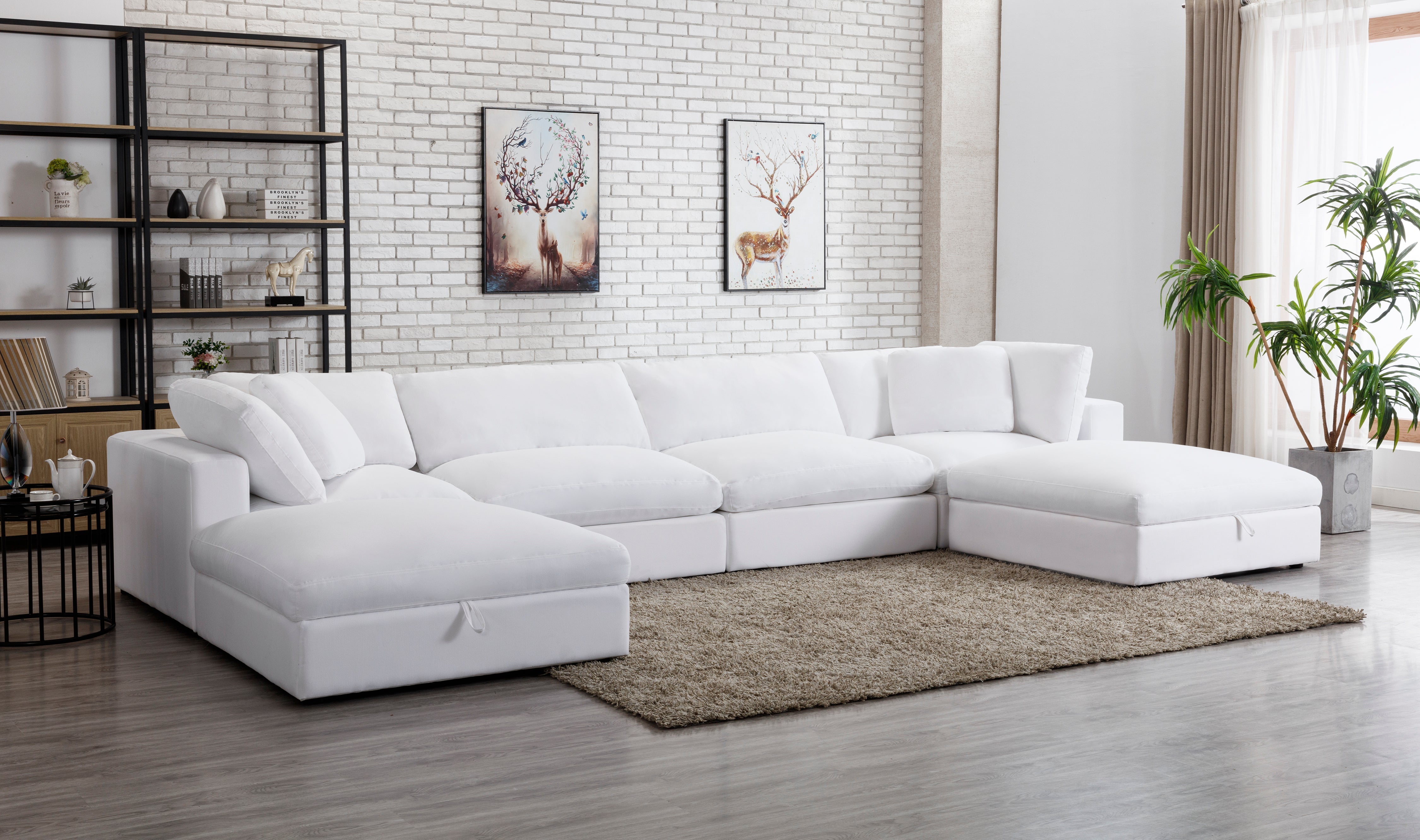 Rivas Contemporary Feather Fill 5-Piece Modular Sectional Sofa with 2 Ottomans in White | Modern Living Room Furniture for Small Spaces & Family Gatherings