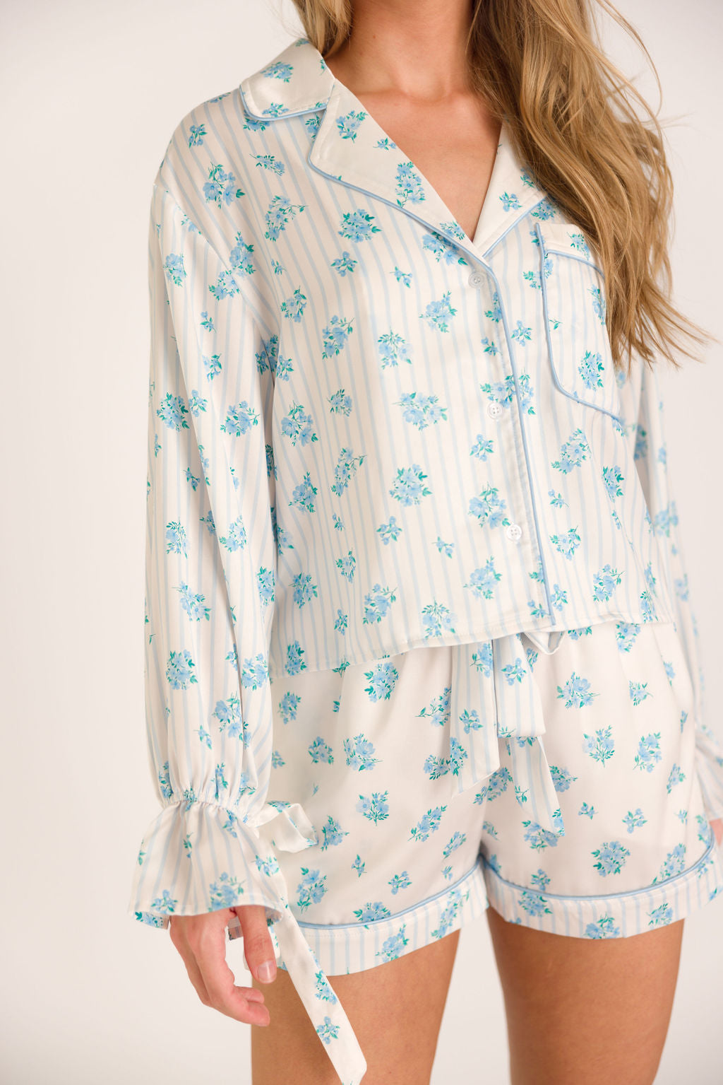 Lottie Women's Satin Pajama Set - Floral & Striped Sleepwear in White & Blue | Soft Comfortable Nightwear for Lounge, Sleep & Relaxation at Home