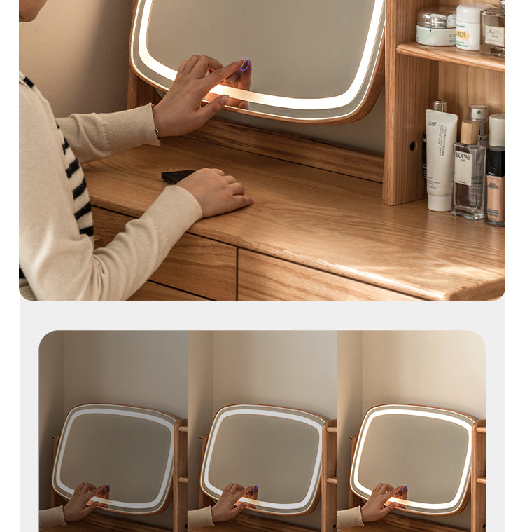 Solid Oak & Ash Wood Dressing Table with LED Lighted Makeup Mirror - Perfect for Bedroom Vanity, Makeup Application & Home Decor