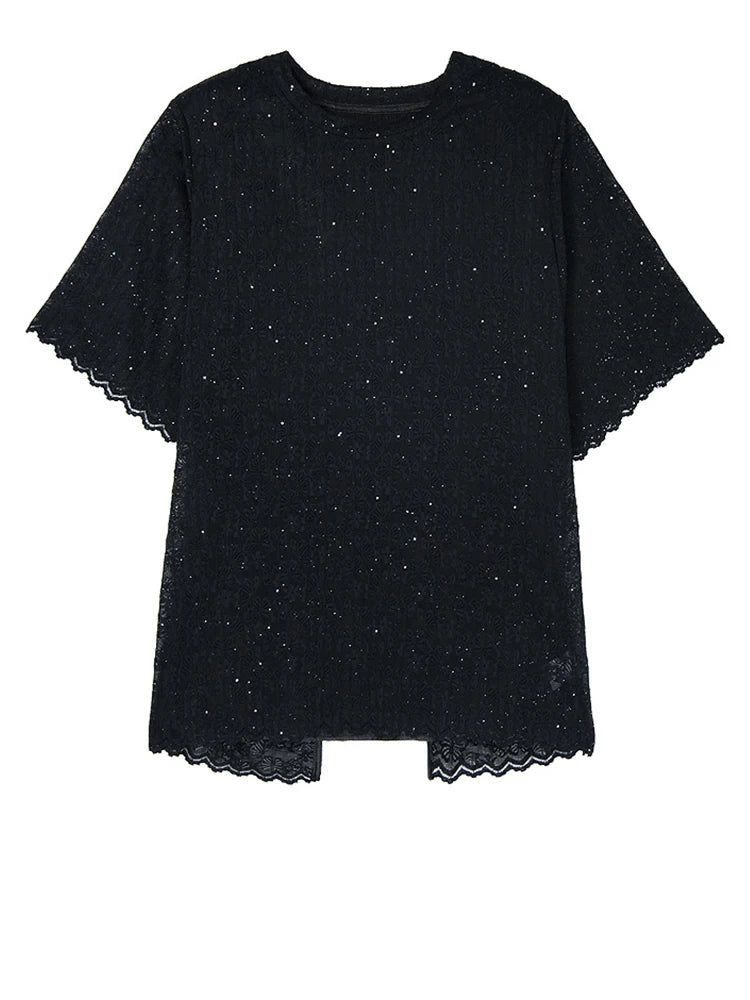 Black Lace T-Shirt & Back Slit Skirt 2-Piece Set - Round Neck Short Sleeve Women's Fashion Outfit for Spring Summer 2025 | Casual Wear, Date Night, Office Attire