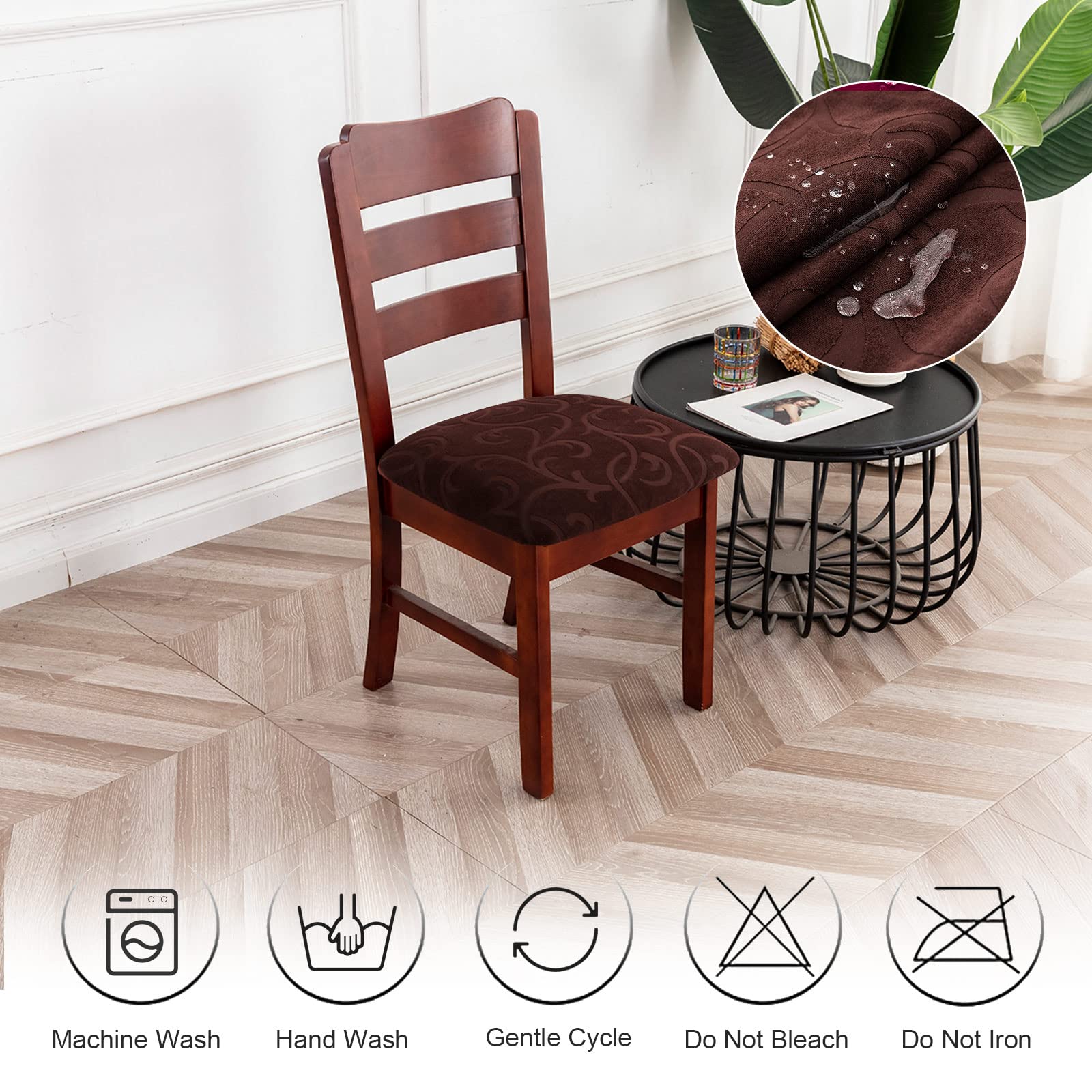 Waterproof Stretch Dining Chair Covers - 2 Pack Flower Pattern Chocolate Slipcovers for Kitchen, Restaurant, Hotel & Home Use - Protects Chairs from Spills & Stains