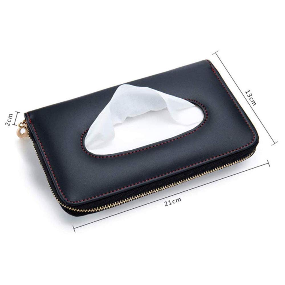 Premium Leather Car Visor Tissue Holder with Zipper - Black Sun Visor Napkin Organizer for Backseat | Car Accessories for Travel, Road Trips & Daily Commute