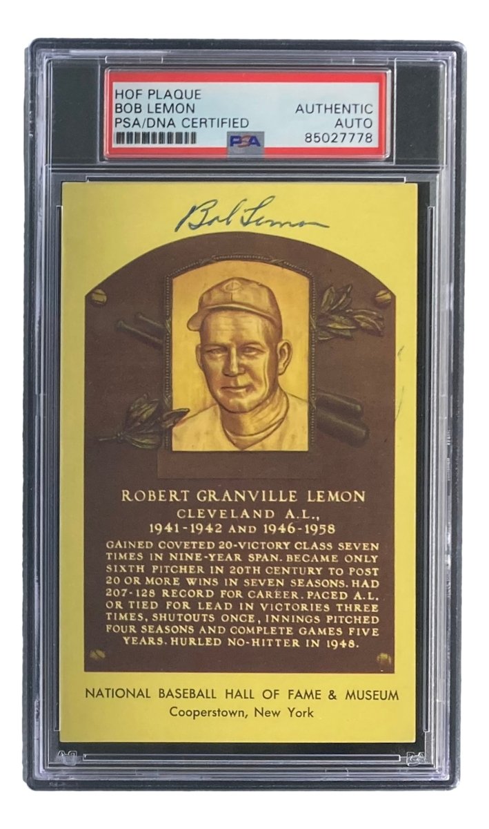 Bob Lemon Signed 4x6 Cleveland HOF Plaque Card PSA/DNA 85027778 - Authentic Autographed Baseball Memorabilia for Collectors & Fans - Perfect for Display in Home, Office or Man Cave