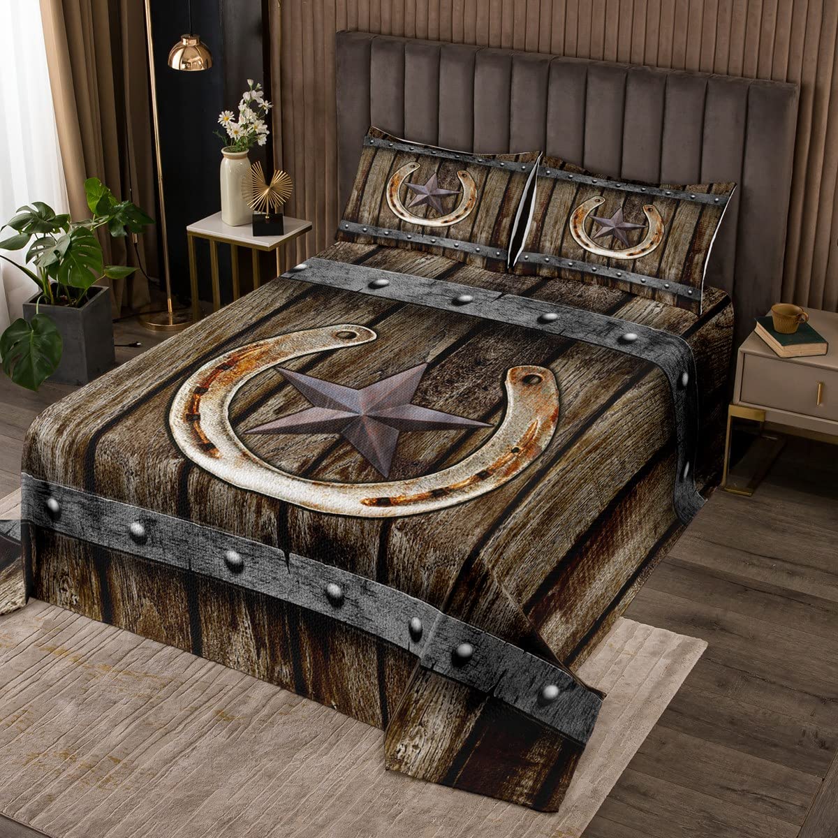 Rustic Farmhouse Quilt Set - Vintage Western Brown Horseshoe Texas Star Bedspread for Boys, Men & Adults - 3 Piece King Size Country Cabin Bedding - Perfect for Ranch, Cabin & Western Themed Bedrooms