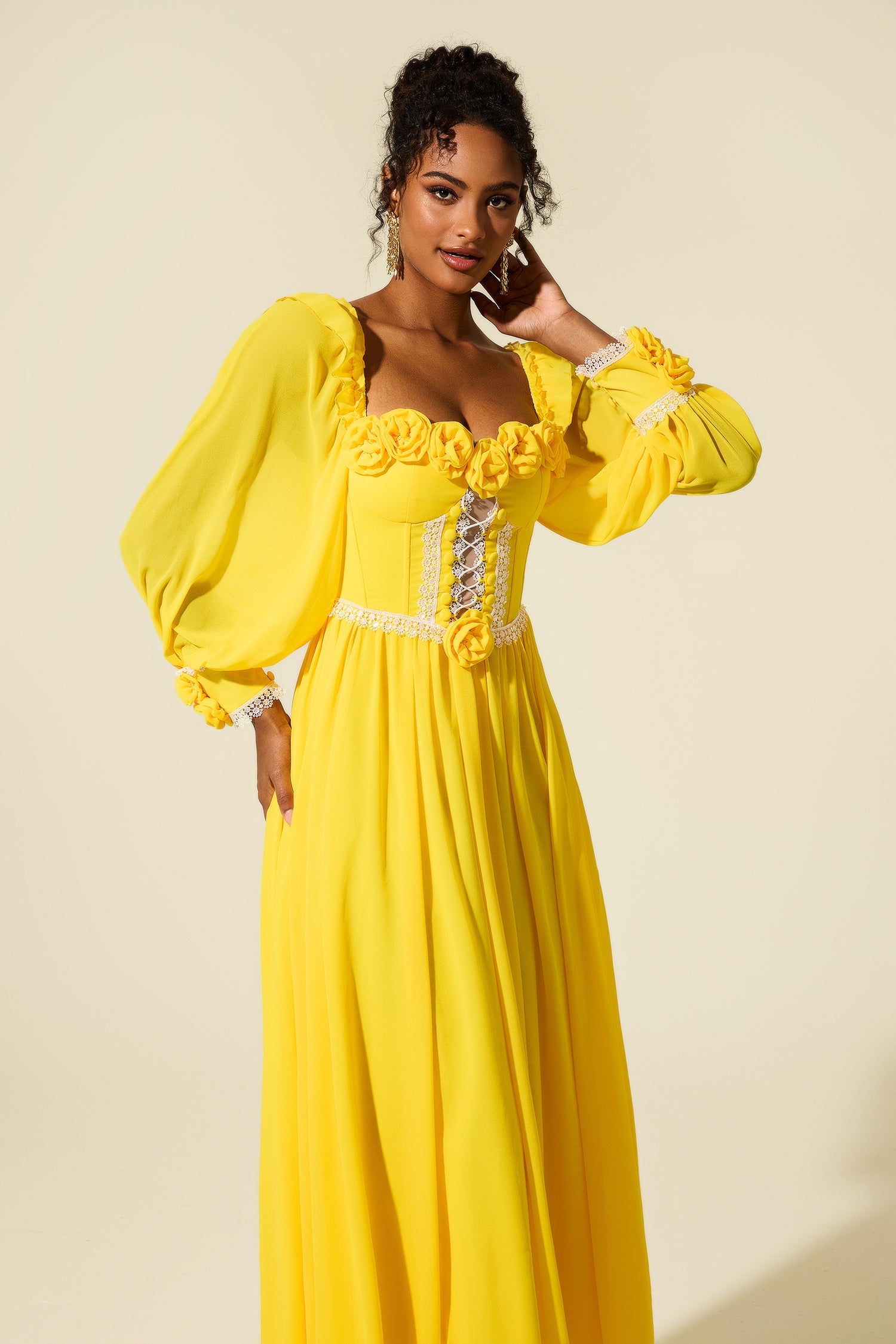 Elegant Yellow Chiffon 3D Flower Long Sleeve Midi Dress for Women | Summer Wedding Guest Dress & Party Cocktail Attire