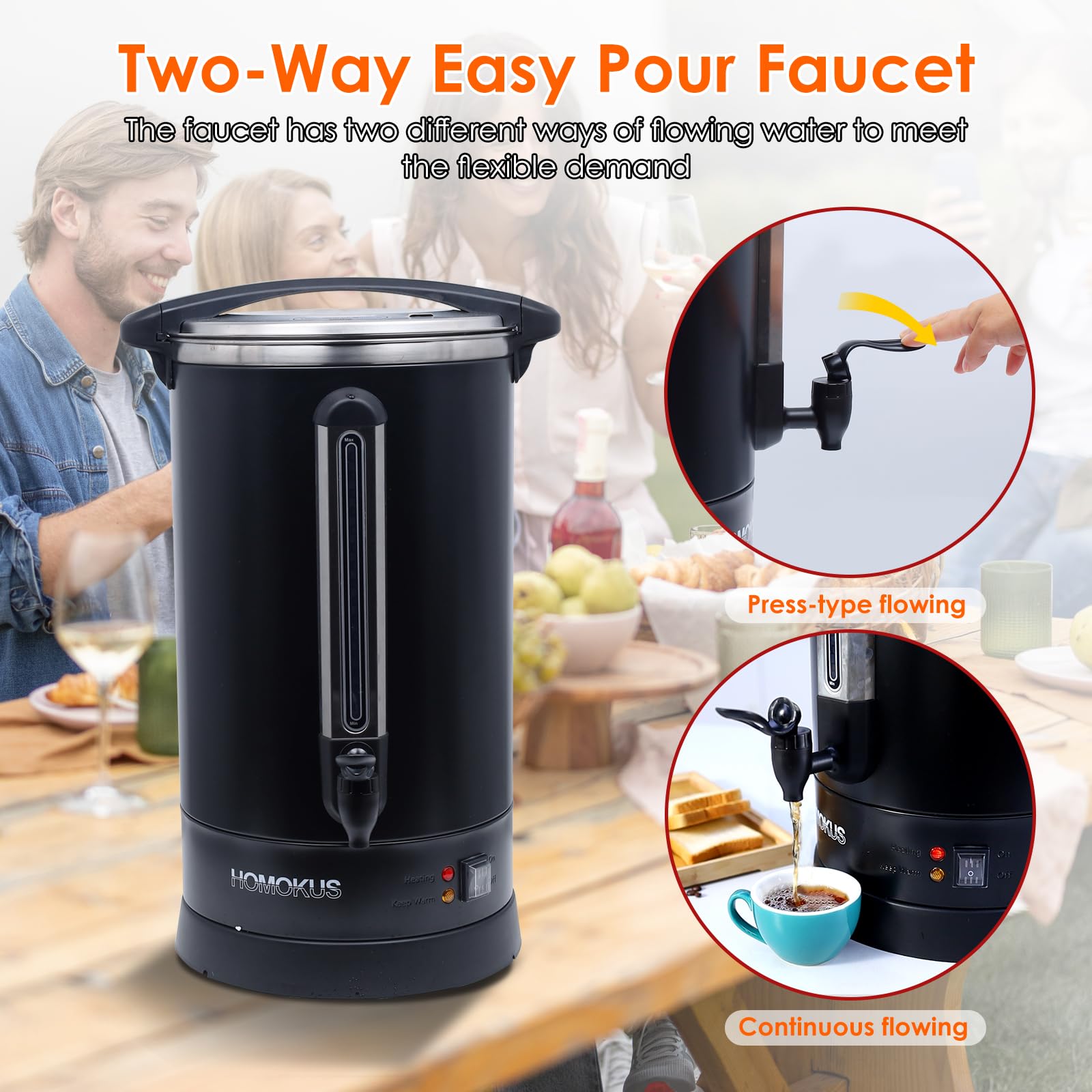 HOMOKUS 18L Commercial Coffee Urn - 120 Cup Stainless Steel Coffee Maker with 1500W Quick Brew, Double Wall Insulation for Hot Coffee & Water Dispenser - Perfect for Offices, Catering & Large Events (Dark Grey)