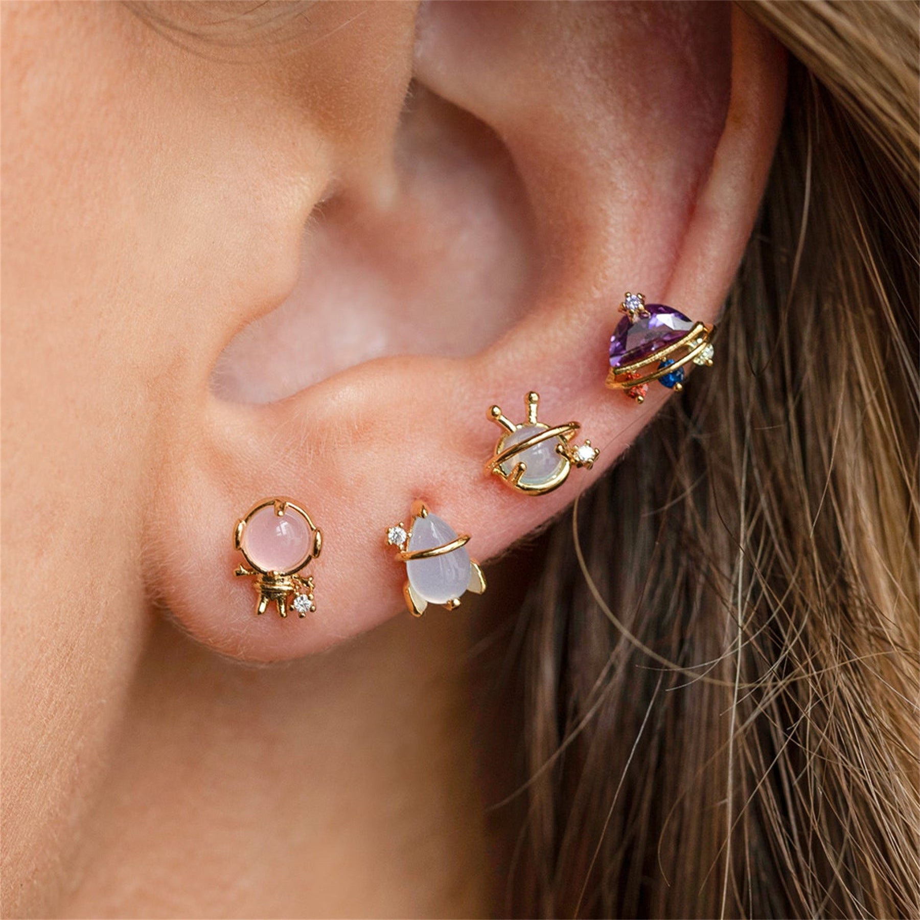 Creative Cartoon Outer Space Series Earrings Set - 4 Pc Stud Earrings for Women | Trendy Galaxy-Themed Jewelry for Daily Wear & Gift Giving