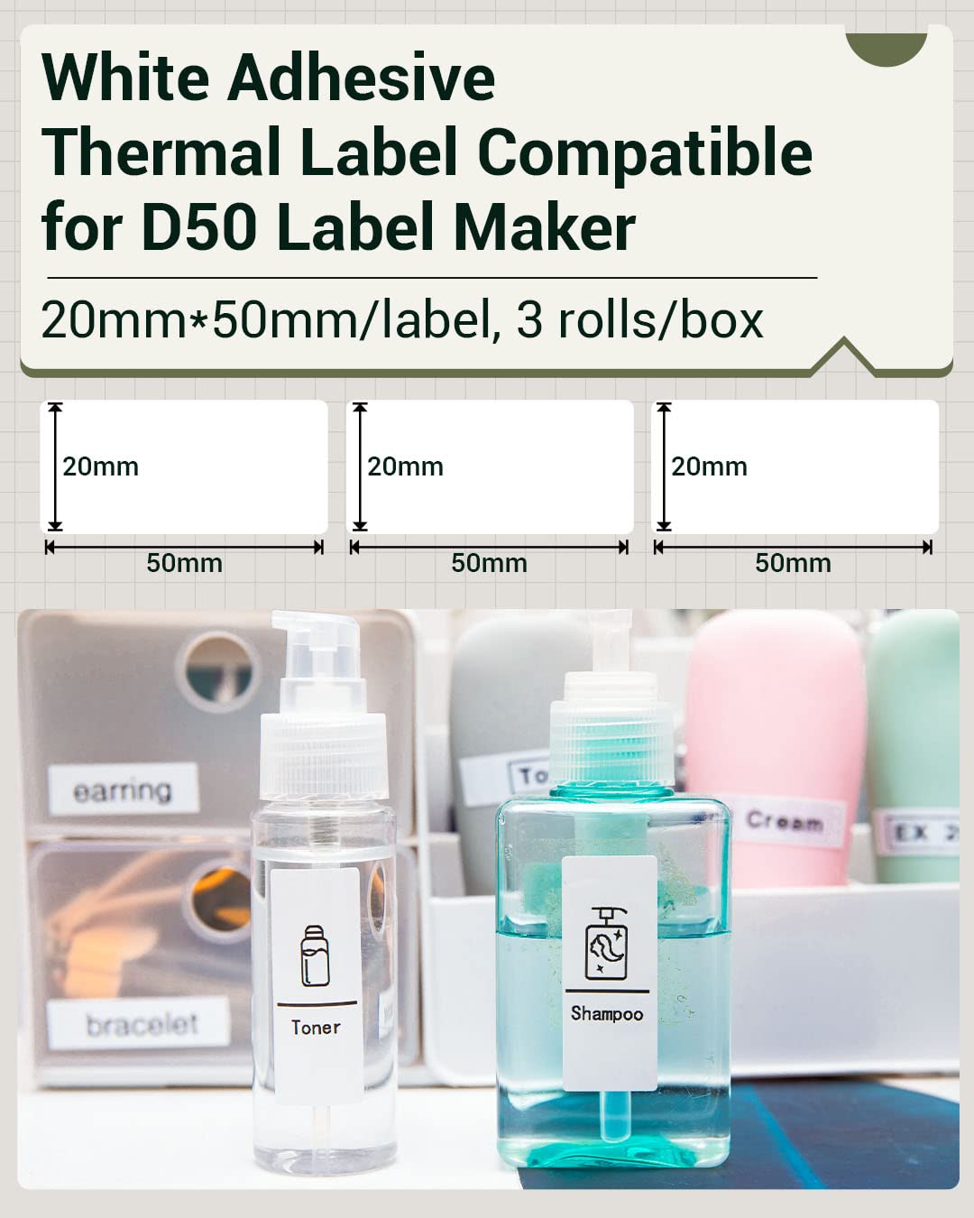 Phomemo D50 Portable Label Maker with 3 Rolls White Adhesive Labels (20mm x 40mm) - Perfect for Home, Office & Warehouse Organization