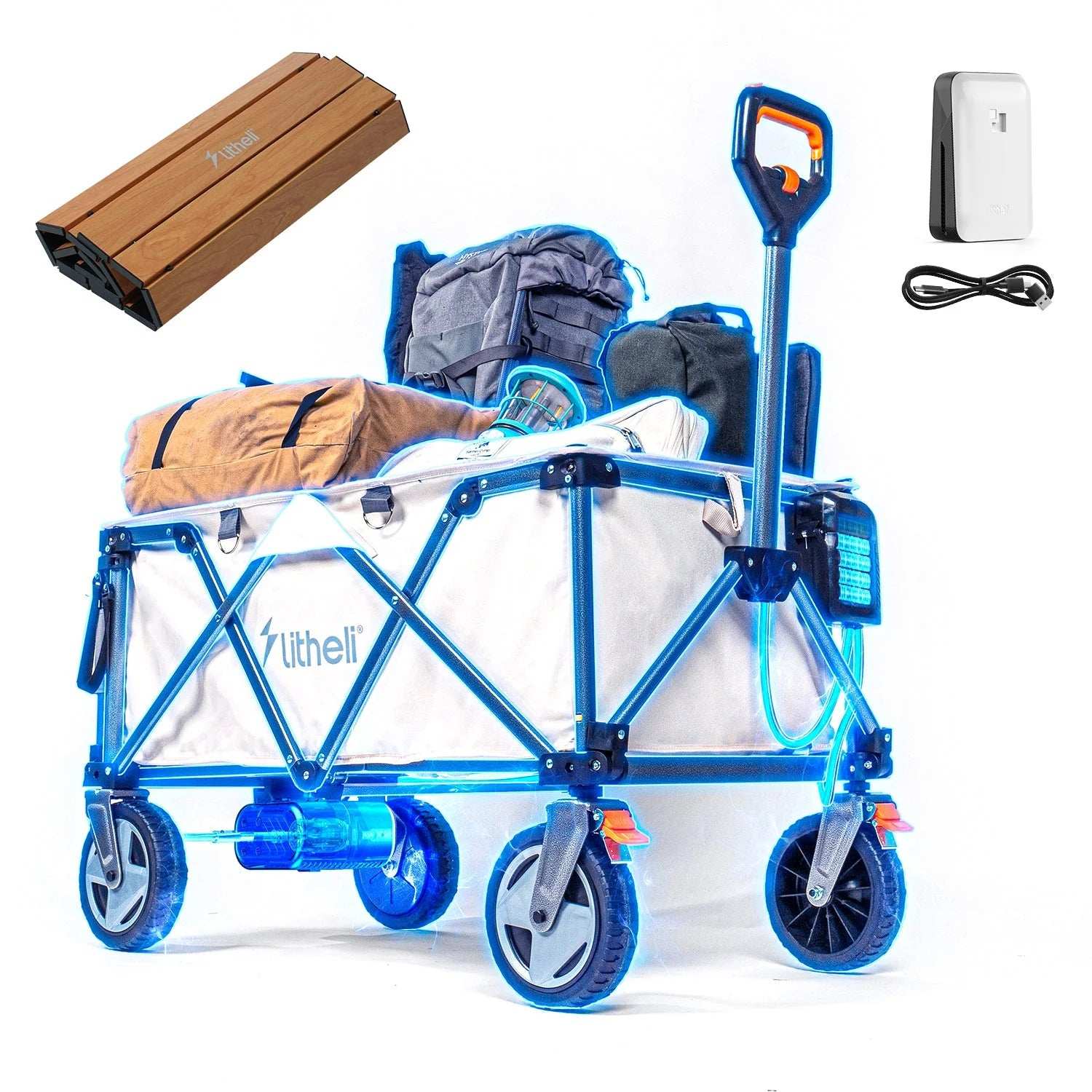Litheli Electric Foldable Utility Wagon for Camping & Outdoor - Portable Power Bank Included - Perfect for Beach Trips, Picnics & Tailgating