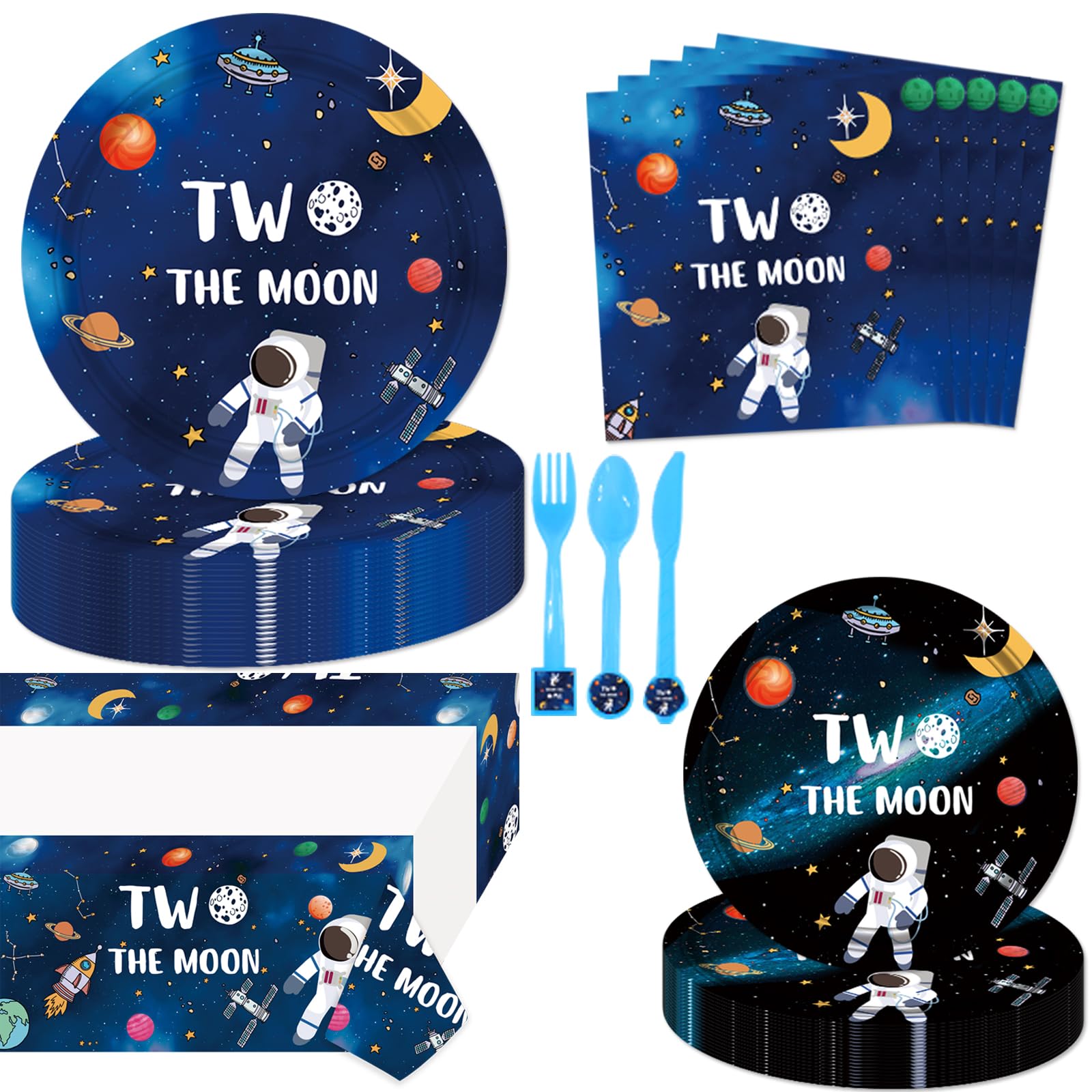 71 Pcs Outer Space Themed Birthday Party Supplies - Moon Decorations, Astronaut Tablecloth, Flatware Set (Spoons, Forks, Knives), Plates & Napkins for Boys 2nd Birthday | Perfect for Space-Themed Parties, Baby Showers & Cosmic Celebrations