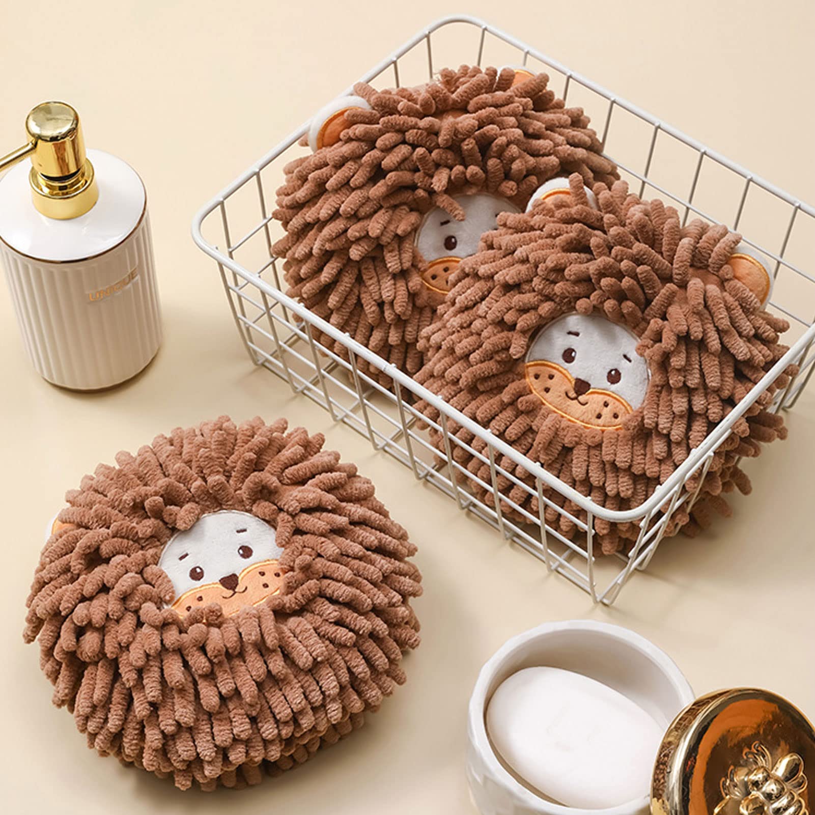 Chenille Quick-Dry Hand Towel Ball - Super Soft & Absorbent Plush Lion Towel with Hanging Loop for Kitchen, Bathroom | Cute Home Decor & Practical Gift Idea (3-Pack)