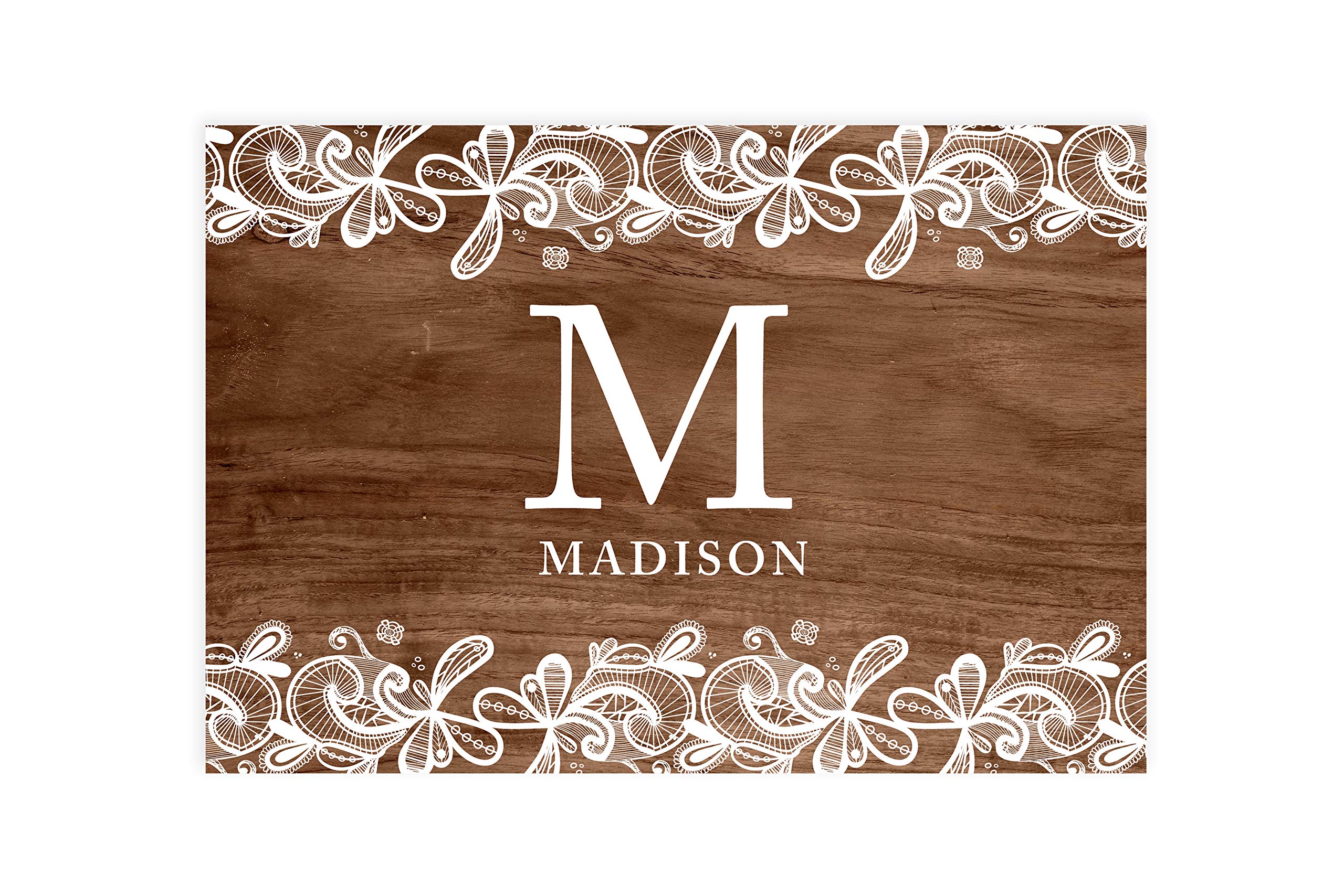 Custom Personalized Disposable Paper Placemats 12x18 Inch - Set of 25 Monogrammed Wooden Lace Design - Elegant Tableware for Wedding, Bridal Shower, Baby Shower & Holiday Dining - Perfect for Party Decorations and Special Occasions