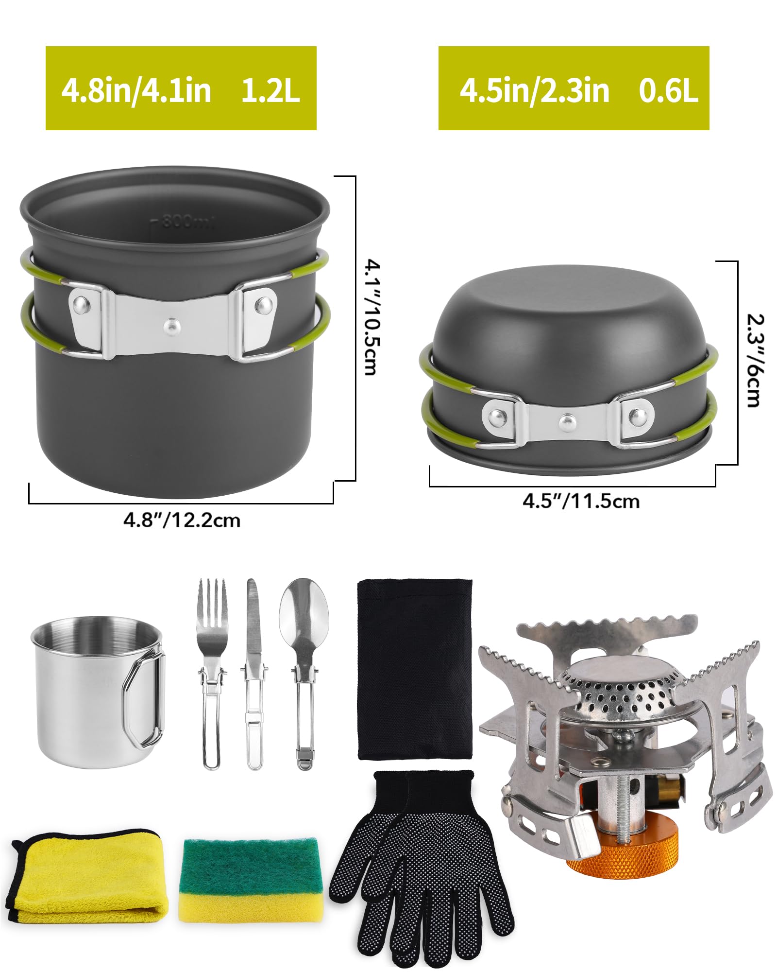 **Portable Camping Mess Kit - Lightweight Backpacking Cooking Set with Pot, Stove, Cup, Utensils & Cleaning Tools for Hiking, Picnic & Outdoor Adventures**