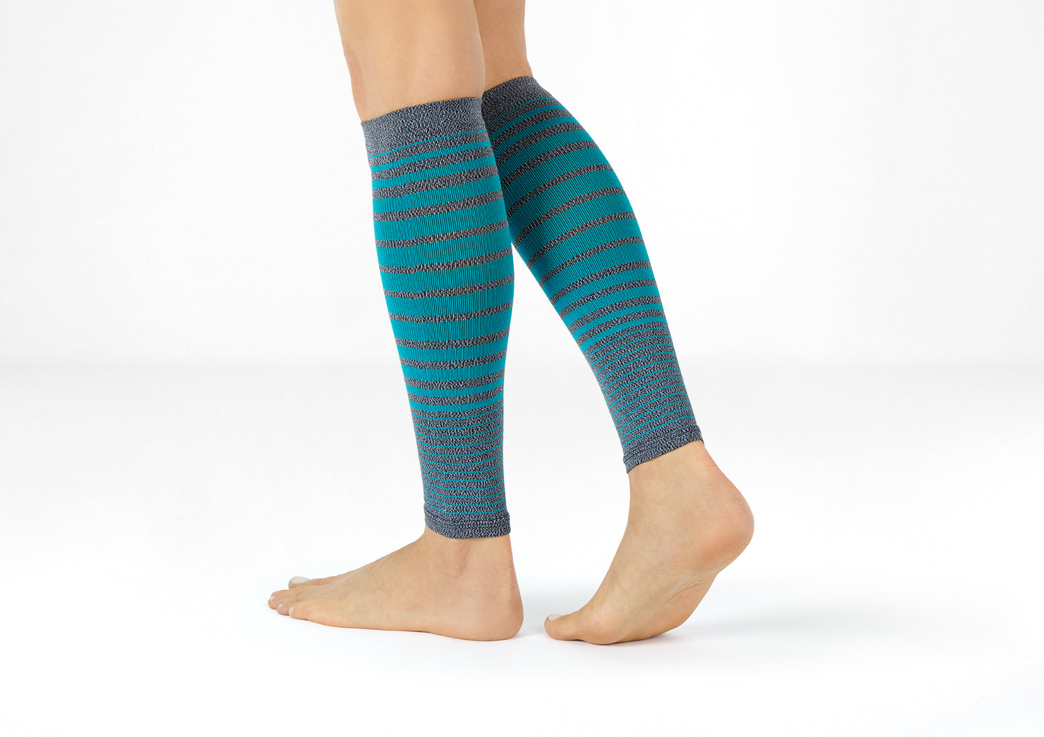Compression Calf Sleeves 20-30 mmHg for Men & Women - Gray/Teal Stripe Medical Support Socks - Perfect for Running, Cycling, Travel & Varicose Vein Relief