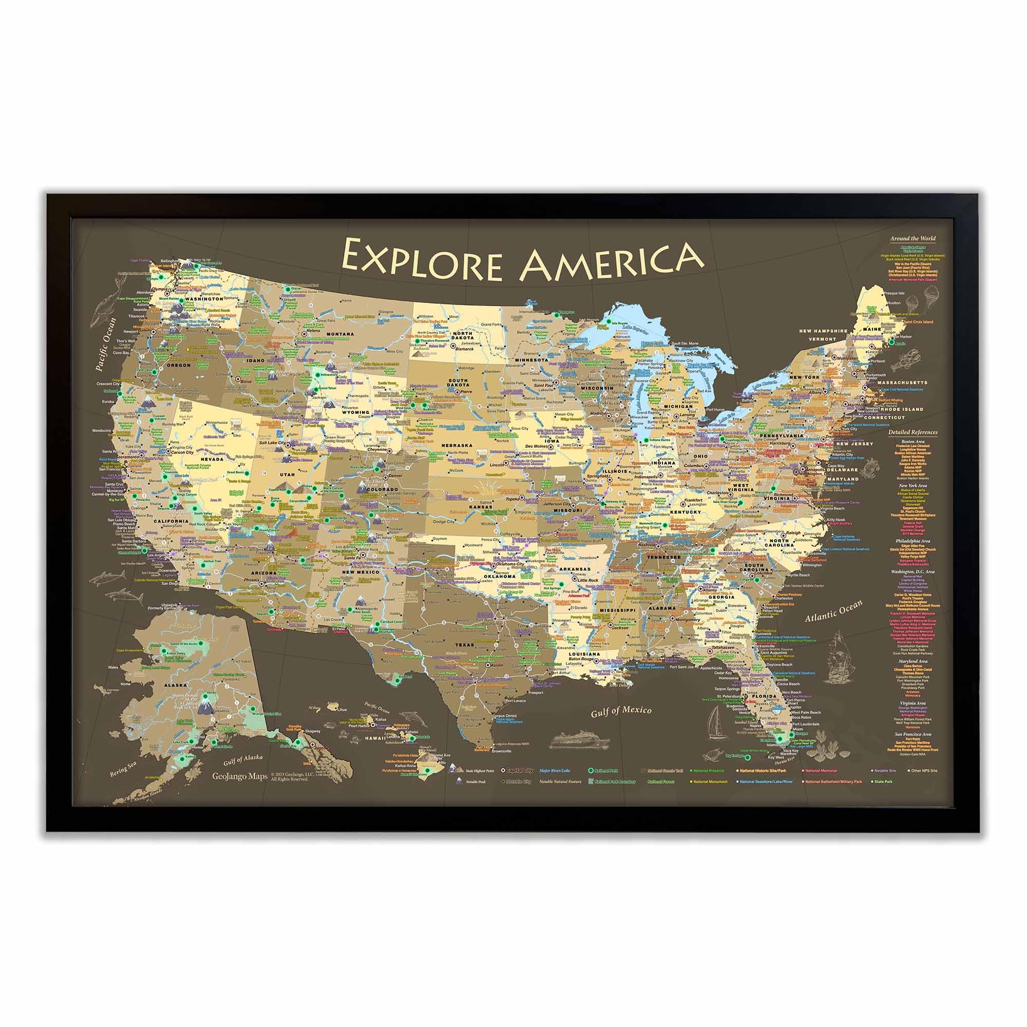 USA Travel Map with Push Pins - Track Visits to 63 National Parks | Brown Framed, Rolled Poster or Stretched Canvas | Includes 500 Pins for Road Trips & Adventure Planning