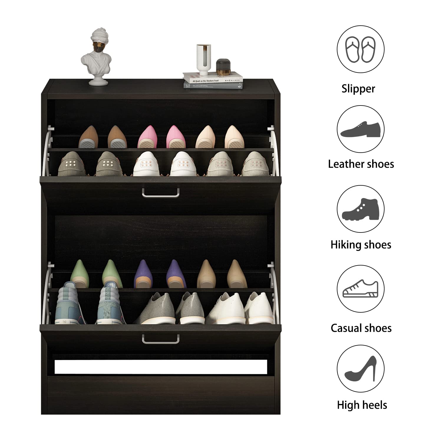 Hitow Narrow Shoe Storage Cabinet with 2 Flip Drawers & Adjustable Shelf - Freestanding Entryway Shoe Rack for Small Spaces - Black Brown (23.6