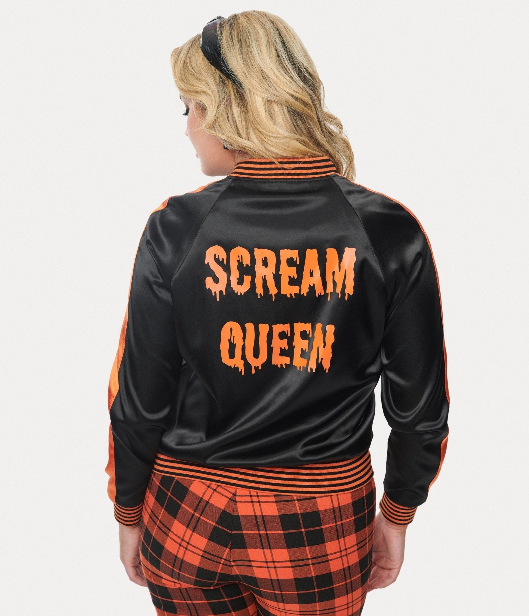 Vintage Black & Orange Scream Queen Satin Bomber Jacket - Halloween Costume, Cosplay & 80s Retro Fashion Outfit for Women