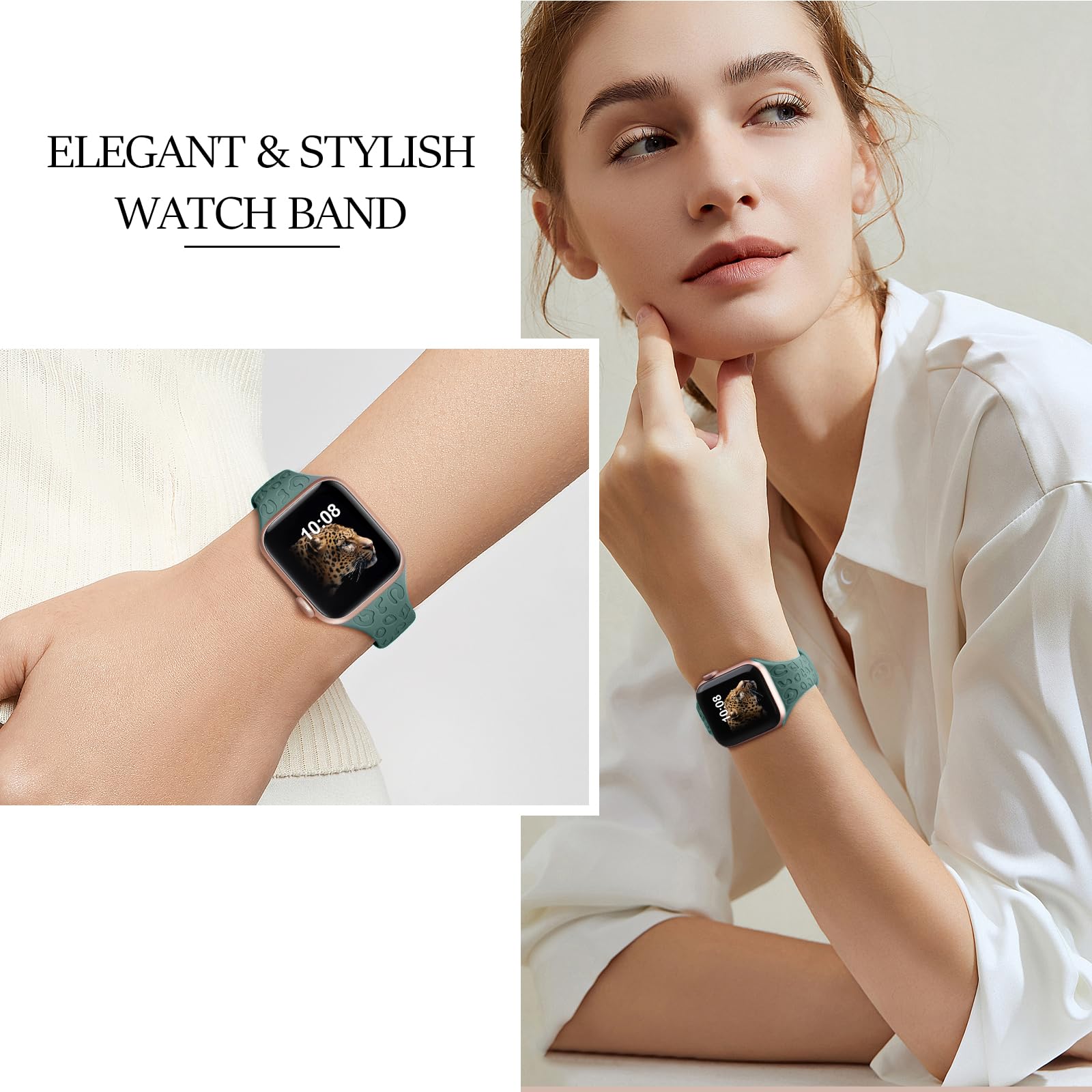 4-Pack Leopard Print Engraved Apple Watch Bands - Compatible with 38mm/40mm/41mm/42mm/44mm/45mm iWatch Series Ultra 2/9/8/7/6/5/4/3/2/1/SE - Slim Sport Wristbands for Women - Perfect for Workouts, Office & Casual Wear