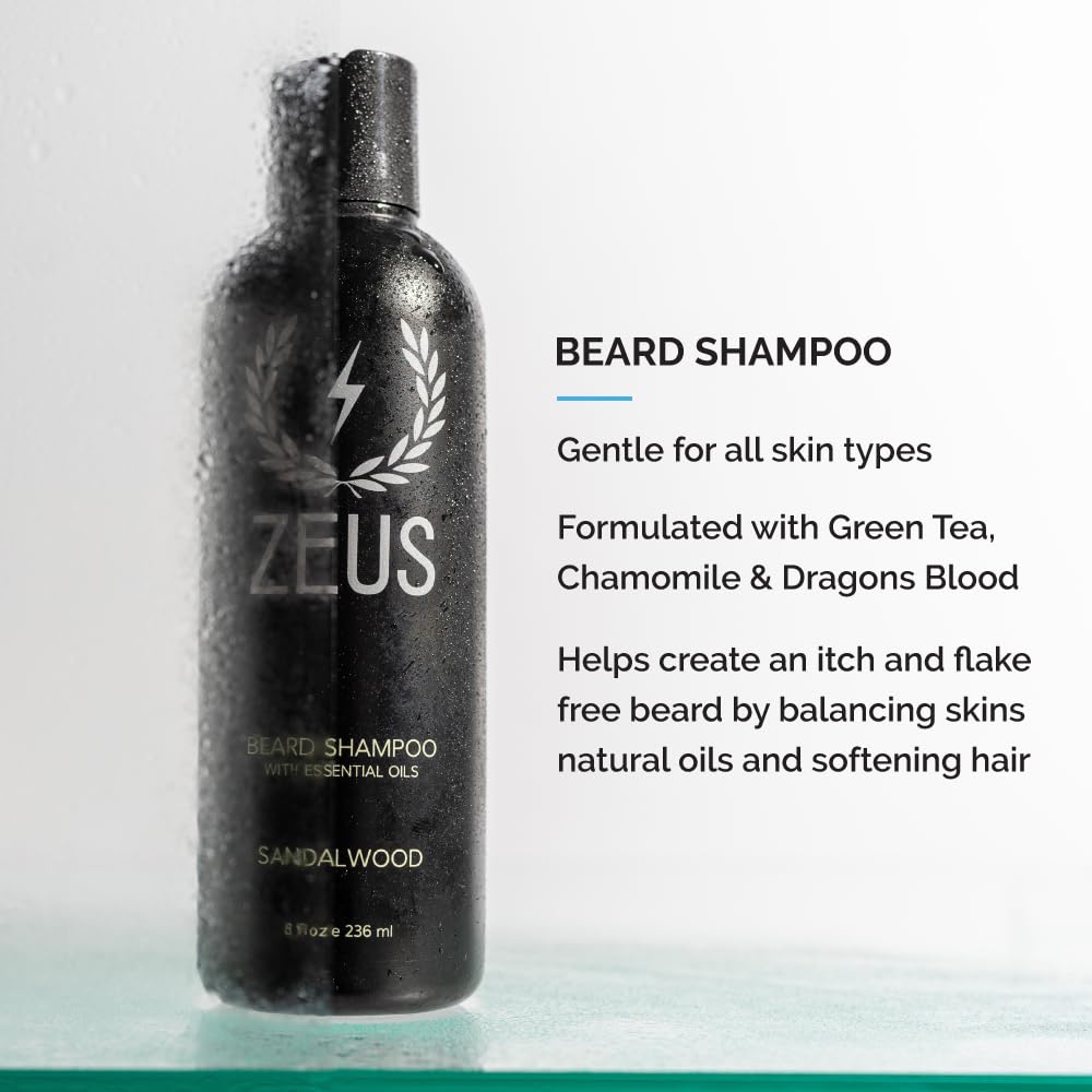 ZEUS Beard Growth Kit for Thick Beards - Natural Beard Shampoo, Conditioner & Premium Sandalwood Beard Oil (Made in USA) - Perfect for Daily Grooming & Styling