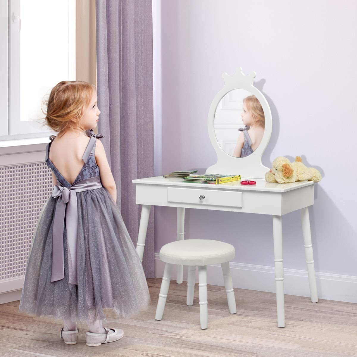 INFANS Wooden Kids Vanity Dressing Table & Stool Set with Real Mirror - Princess Pretend Play Makeup Dresser with Drawer for Little Girls - Perfect for Birthday Gifts, Bedroom Decor & Role Play Activities