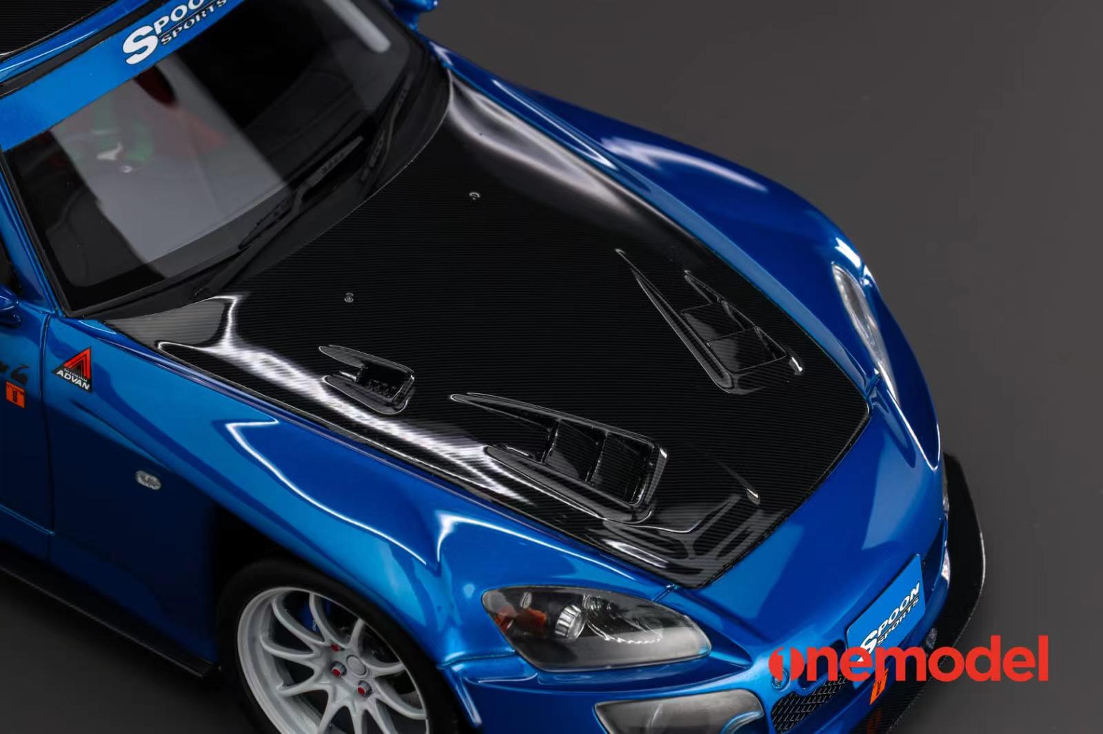 1:18 Scale Honda AP1 S2000 Spoon Sports Street Version Diecast Model Car - Blue with Carbon Fiber Hood - Collectible Toy for Car Enthusiasts & Perfect Gift for Birthday/Christmas