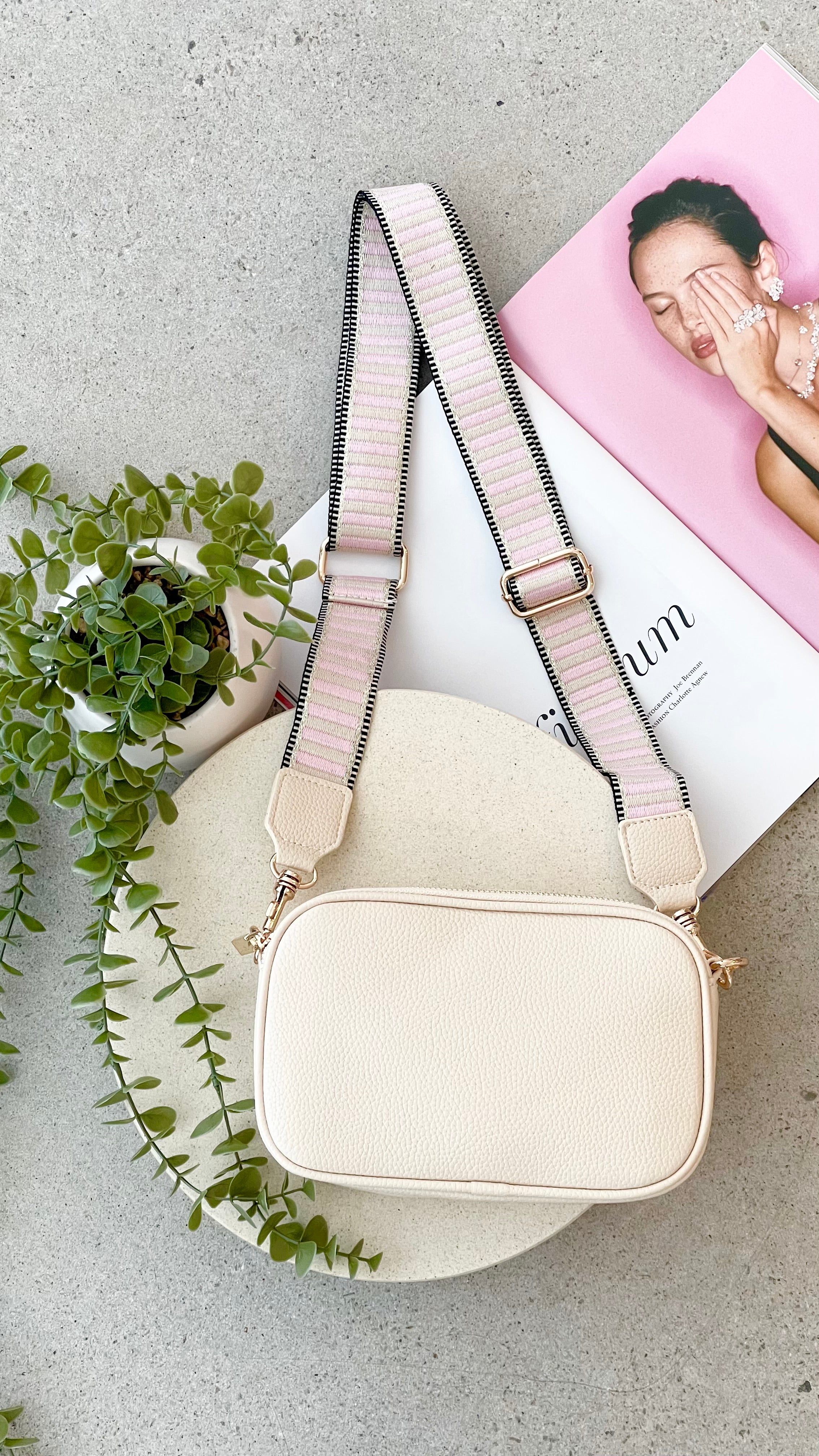 Bella Striped Webbing Camera Bag - Cream & Pink Crossbody Purse for Women | DSLR Camera Case, Travel Essentials, Everyday Use for Photographers & Fashion Lovers