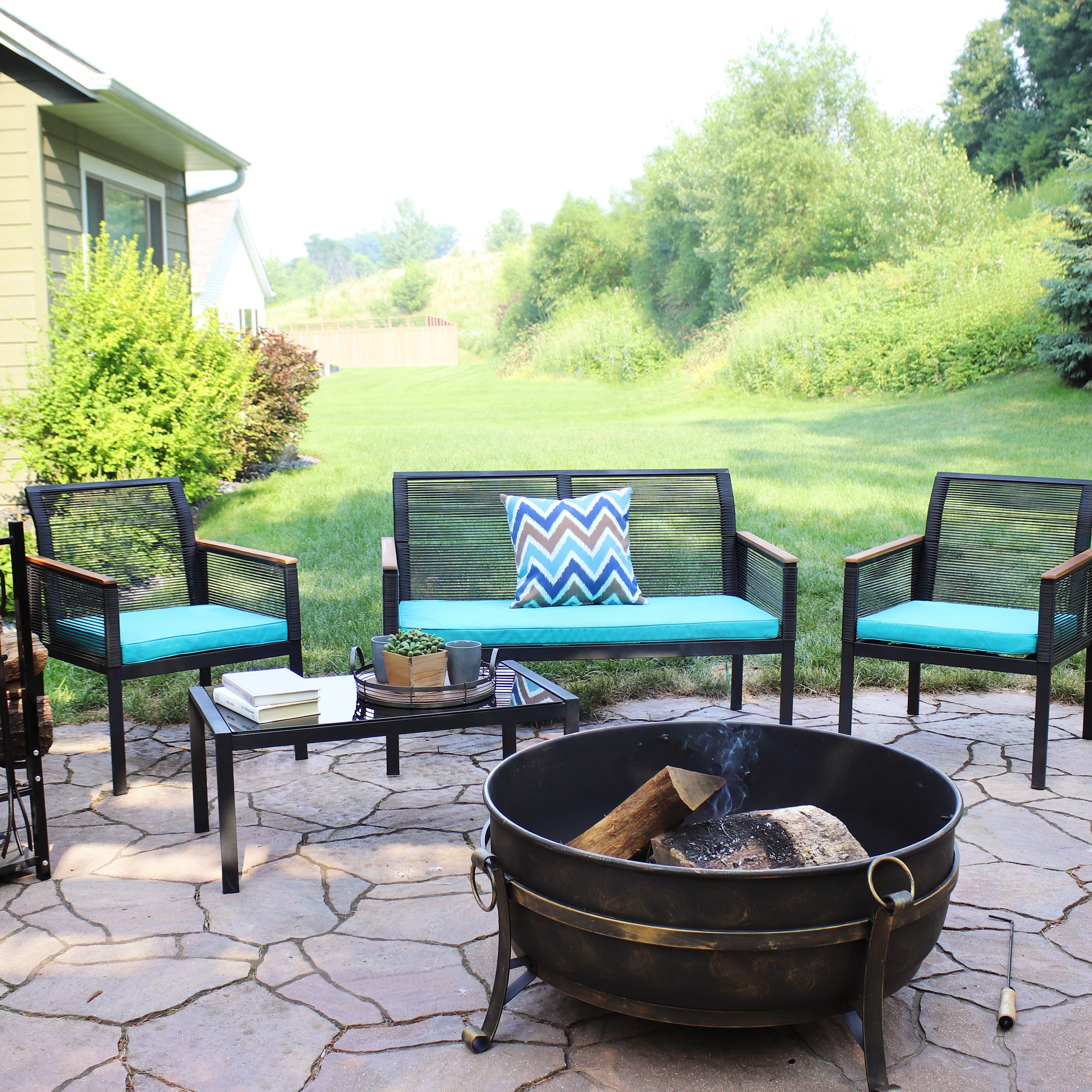 Sunnydaze Coachford 4-Piece Resin Rattan Patio Furniture Set for Outdoor Living - Perfect for Backyard, Garden, Poolside & Deck Relaxation