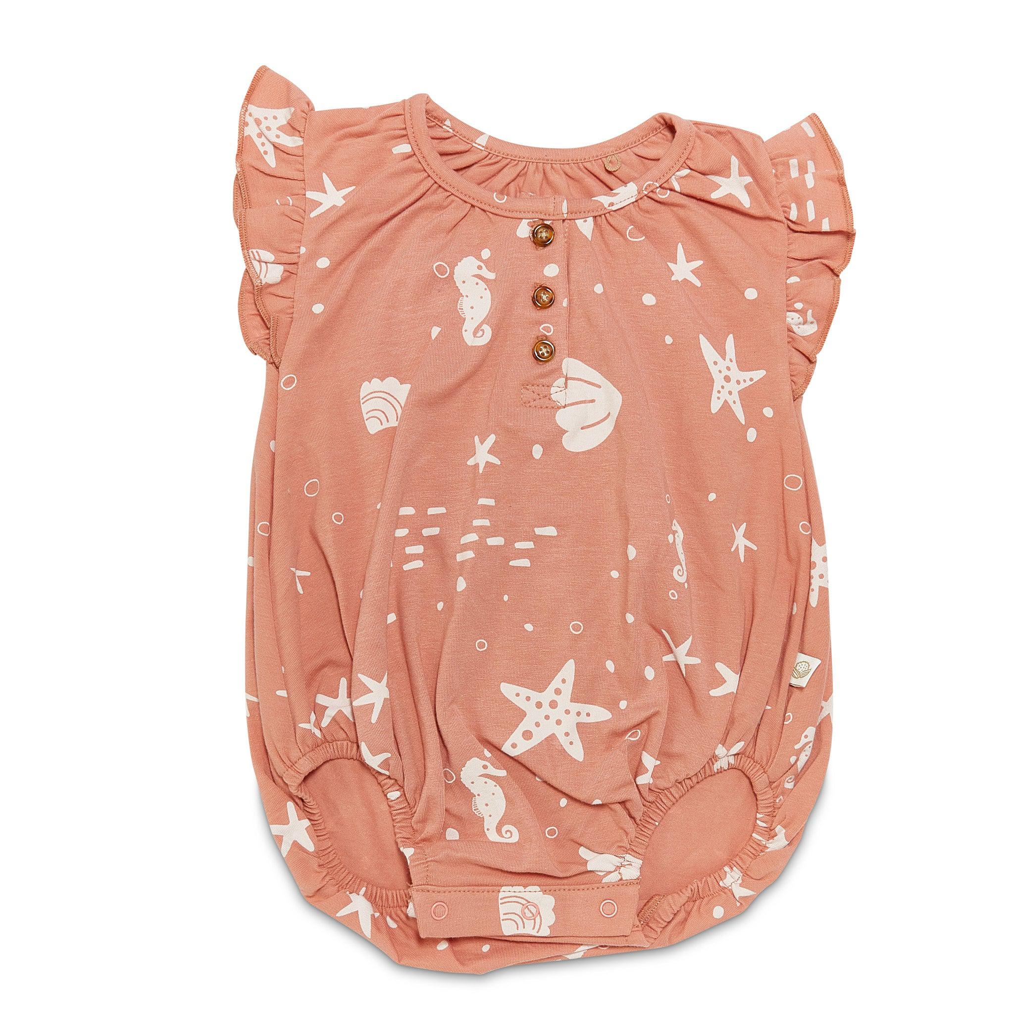 Organic Flutter Sleeve Button Romper - Coral Rose | Soft Cotton Baby Jumpsuit for Girls | Perfect for Summer Outfits, Beach Vacations & Photoshoots
