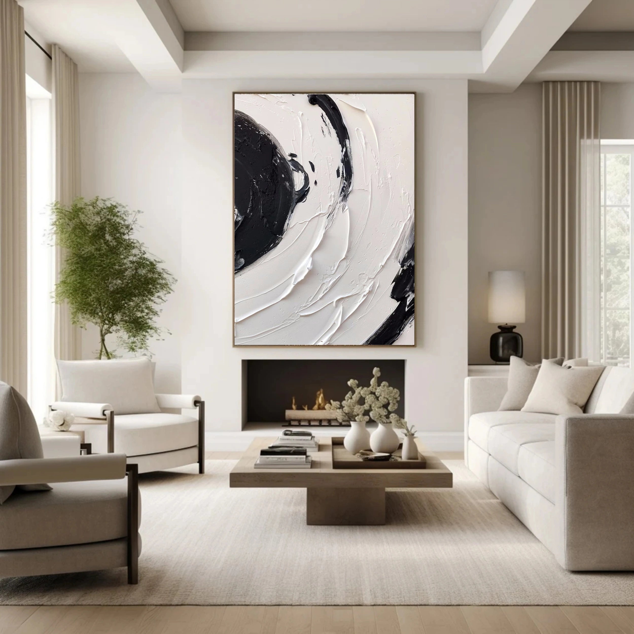 White & Black Minimalist Textured Painting Canvas - Modern Abstract Wall Art for Living Room & Bedroom Decor #MM139