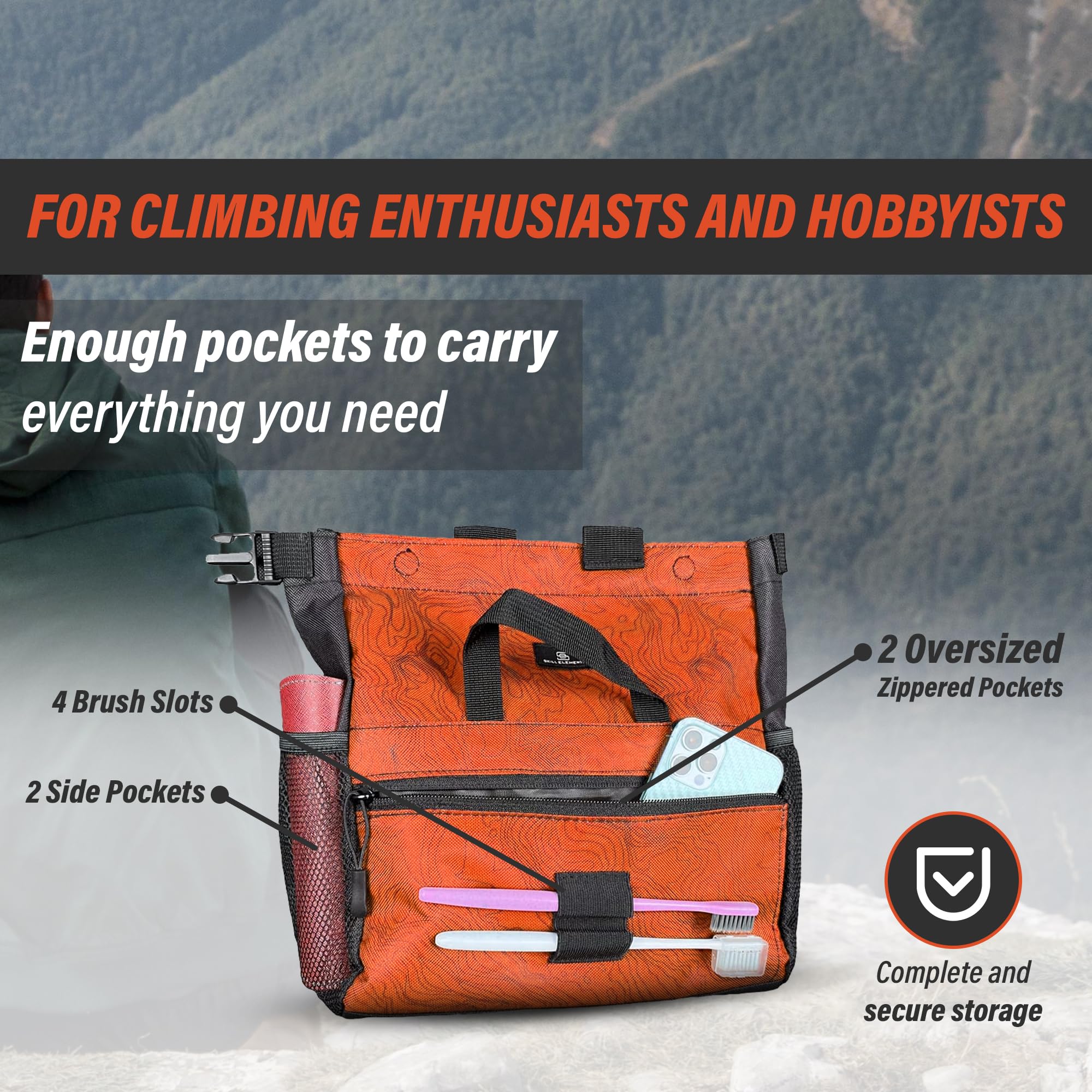 Premium Chalk Bucket for Rock Climbing & Bouldering - Large Magnetic Closure Chalk Bag with 2 Zippered Pockets, 2 Side Pockets & 4 Brush Holders - Ideal for Indoor Gym Training & Outdoor Climbing Adventures