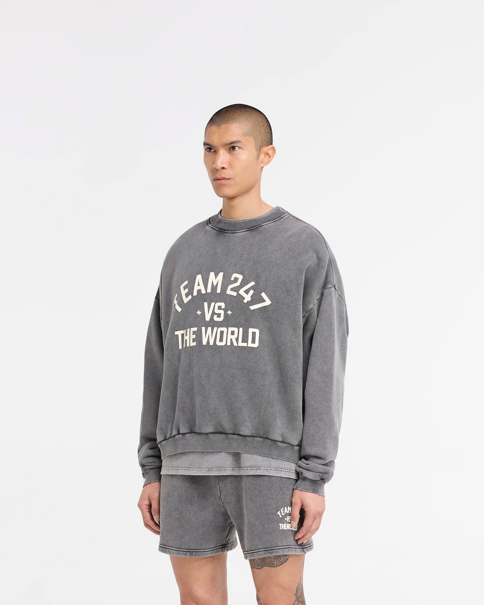 247 Vs The World Boxy Sweater - Oversized Unisex Pullover in Pewter Gray | Trendy Streetwear for Casual Outfits & Layering