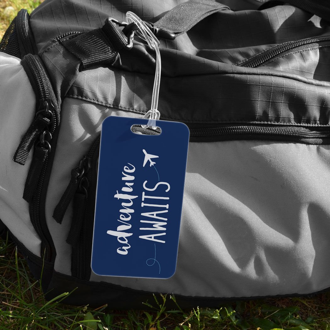 Custom Personalized Adventure Awaits Luggage Tag - Large Navy Blue Travel Bag Tag with ID Info Space | Perfect for Suitcases, Backpacks & Carry-Ons During Air Travel & Vacations