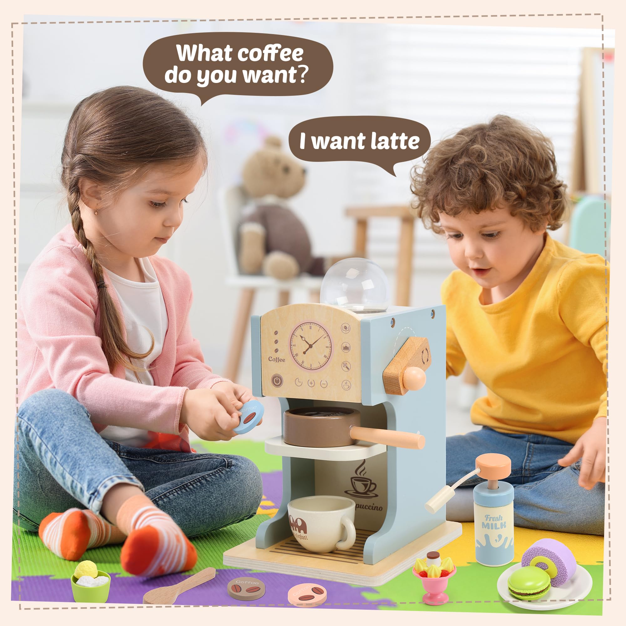 **Wooden Toy Coffee Maker for Kids - Pretend Play Kitchen Set with Coffee Shop Accessories & Toy Desserts - Educational Role Play Toys for Toddlers, Girls & Boys - Perfect for Home, Classroom & Playdates**