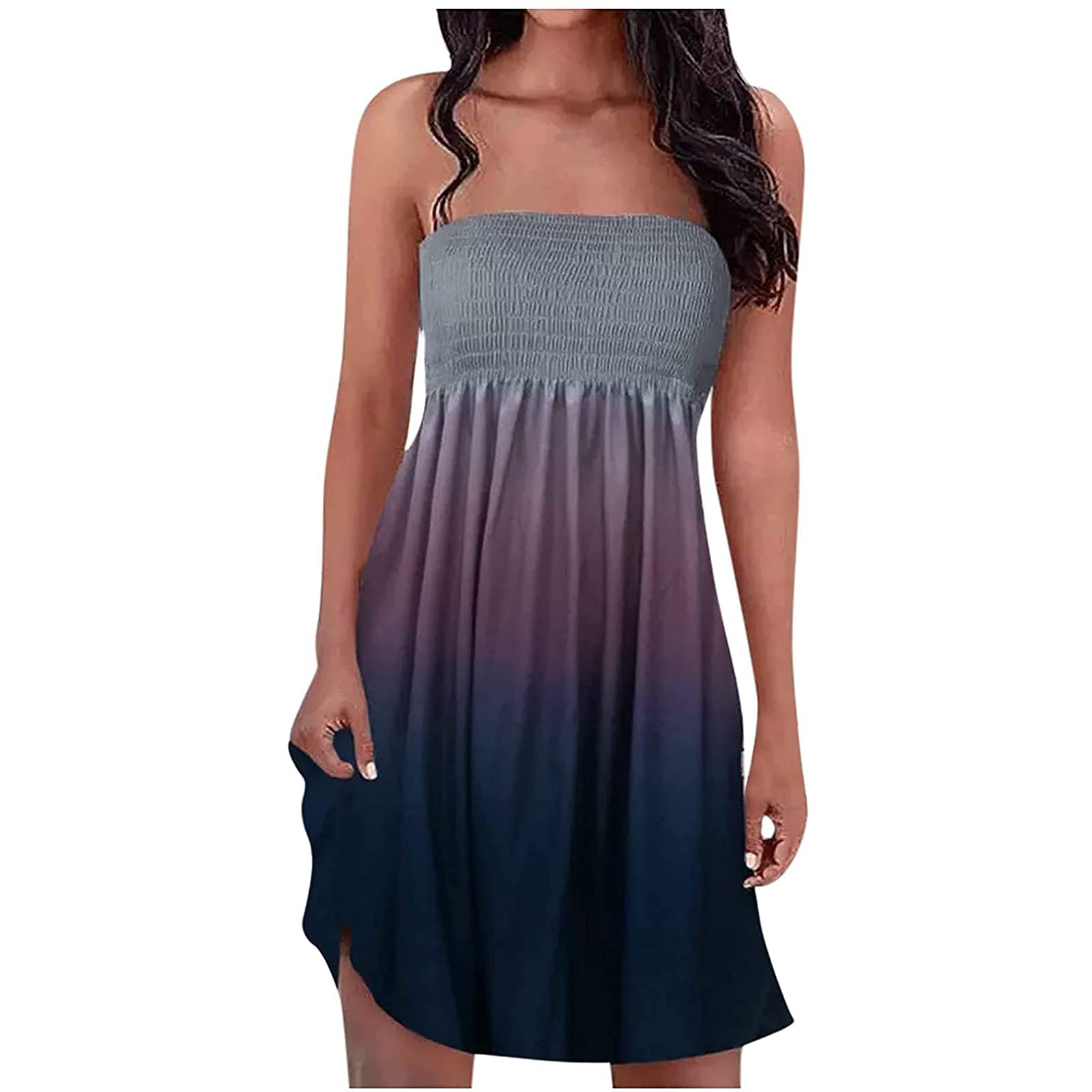 NIUQI Women's Strapless Bohemian Print Long Dress for Summer Beach Party, Wedding Guest, Vacation & Casual Wear