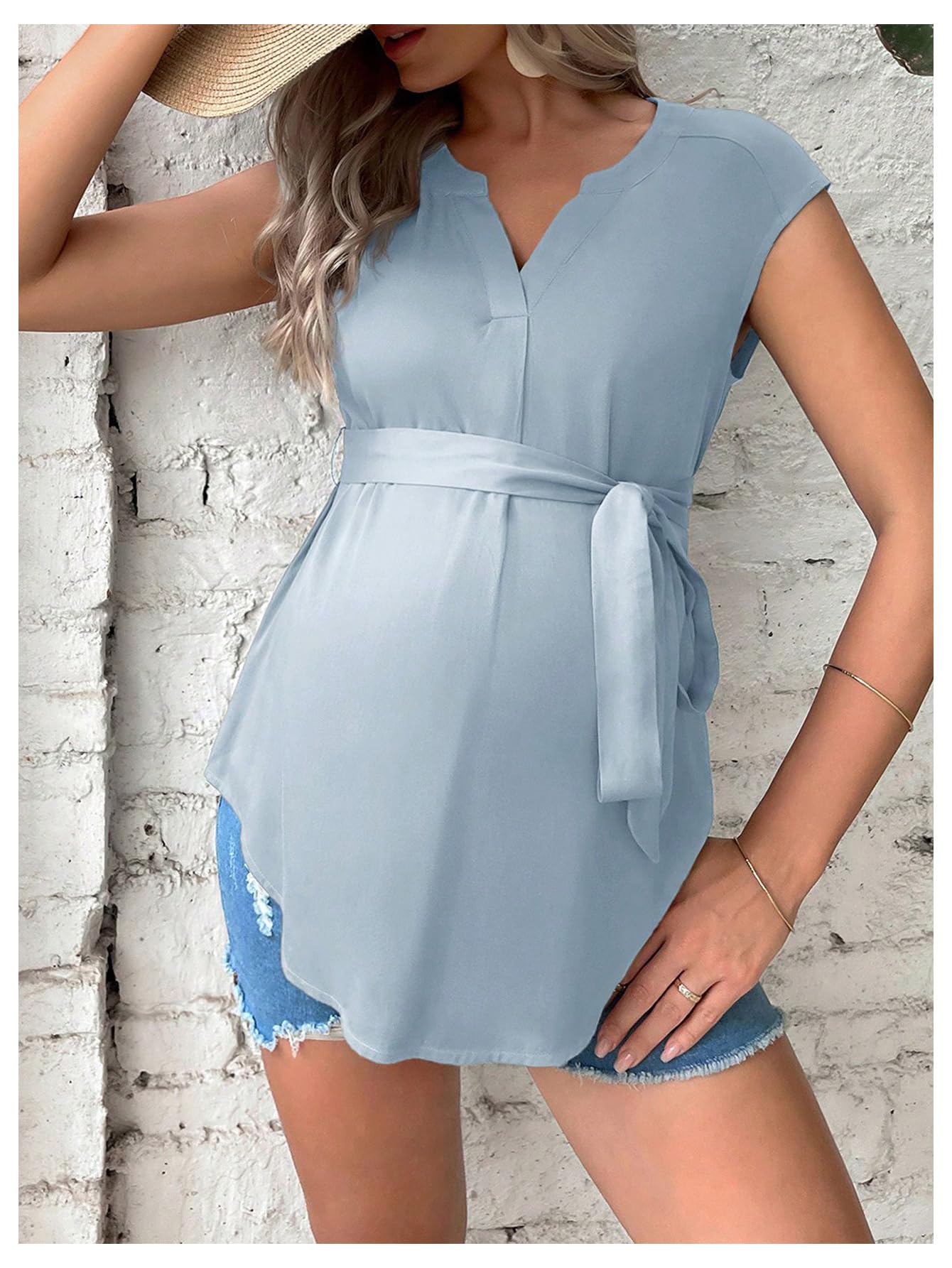 Elegant Women's Maternity Tops - Bow Tie Notched Neck Cap Sleeve Blouse for Pregnancy | Comfortable & Stylish Maternity Shirts for Work, Parties & Special Occasions