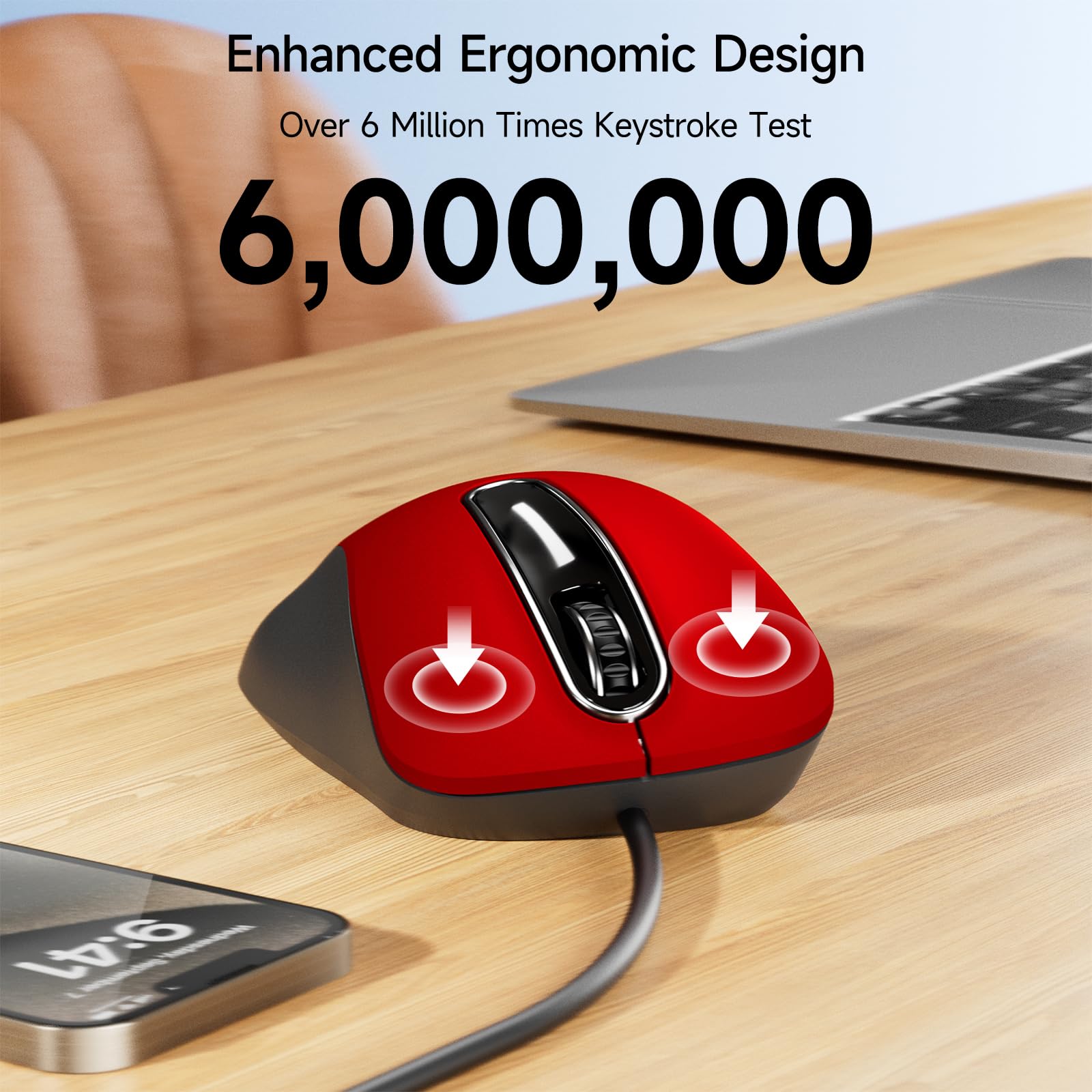 Memzuoix Wired USB Mouse - 1200 DPI Ergonomic Optical Computer Mouse with 5FT Cord for Laptop, PC, Desktop, MacBook, 5 Buttons (Pomegranate Red) - Perfect for Office, Gaming, and Home Use