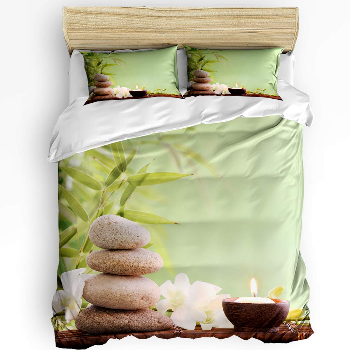 USOPHIA 3-Piece Bamboo & Stone Zen Duvet Cover Set - Soft Comforter Cover with Zipper Closure & Corner Ties, Nature Print Bedding (1 Duvet Cover + 2 Pillowcases) - Perfect for Zen Bedroom Decor, Spa Retreats & Relaxing Sleep