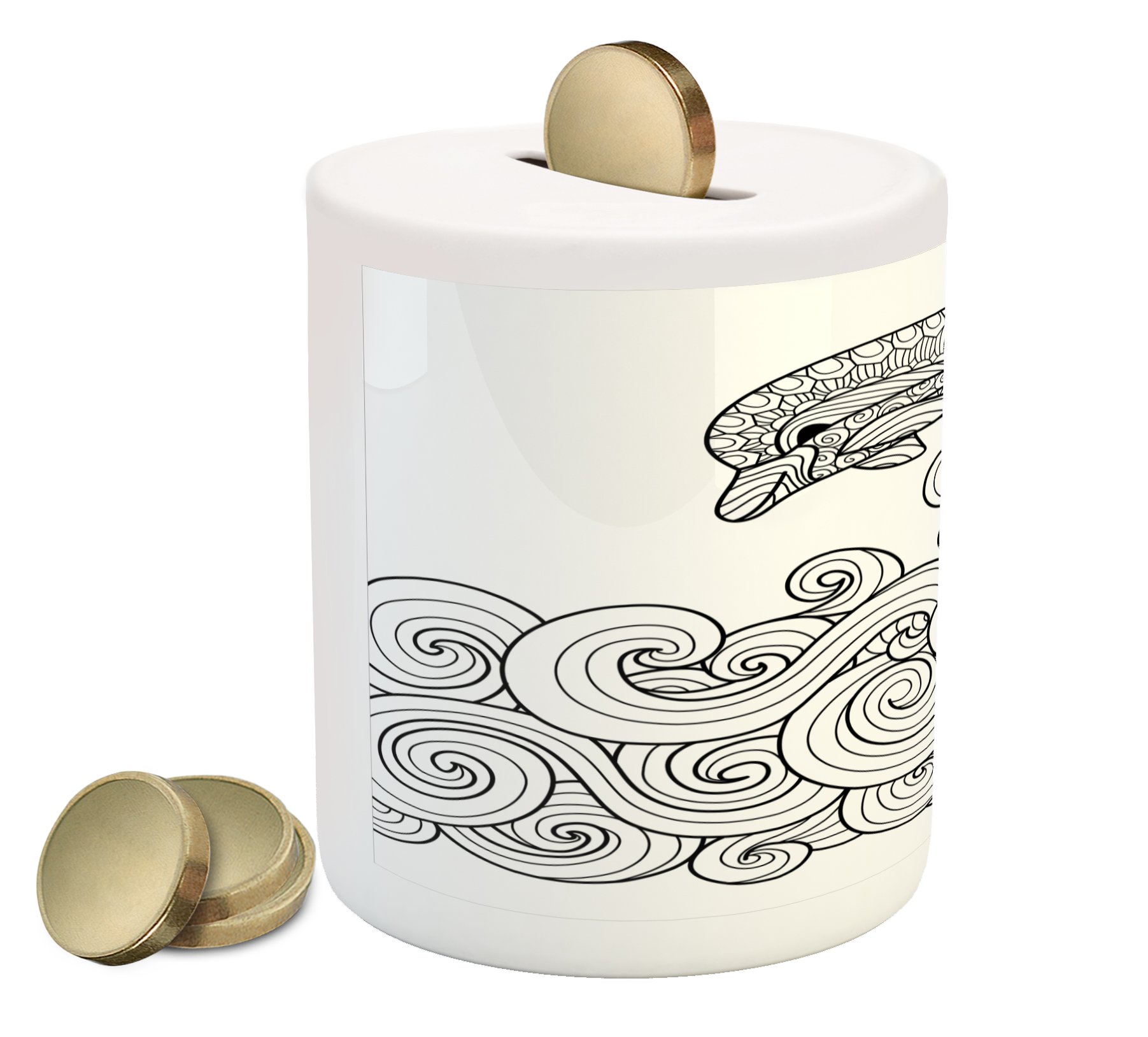 Ambesonne Ceramic Dolphin Piggy Bank - Black & White Zentangle Nautical Design with Jumping Dolphin Waves | Money Saving Coin Bank for Kids & Adults | Perfect for Home Decor, Office Savings, and Gift Giving