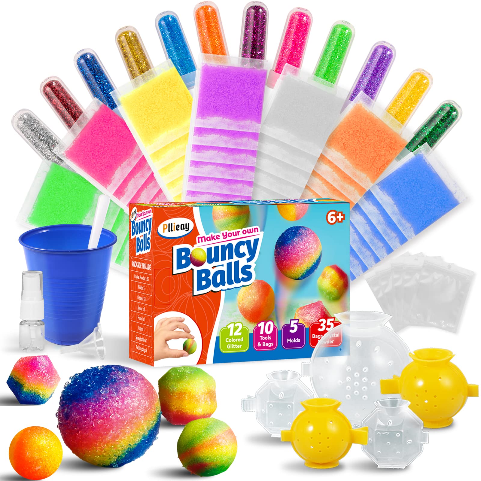 Pllieay DIY Magic Bouncy Balls Kit for Kids 8-12 - Science Craft Projects with 35 Crystal Powders, 12 Color Glitters, 5 Molds & Supplies - Fun STEM Learning, Birthday Party Activities & Creative Play